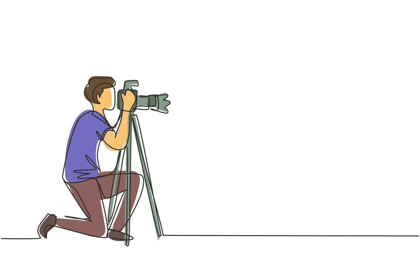 Single continuous line drawing professional photographer man kneeling for taking pictures with digital camera and tripod. Digital photography hobby. One line draw graphic design illustration vector