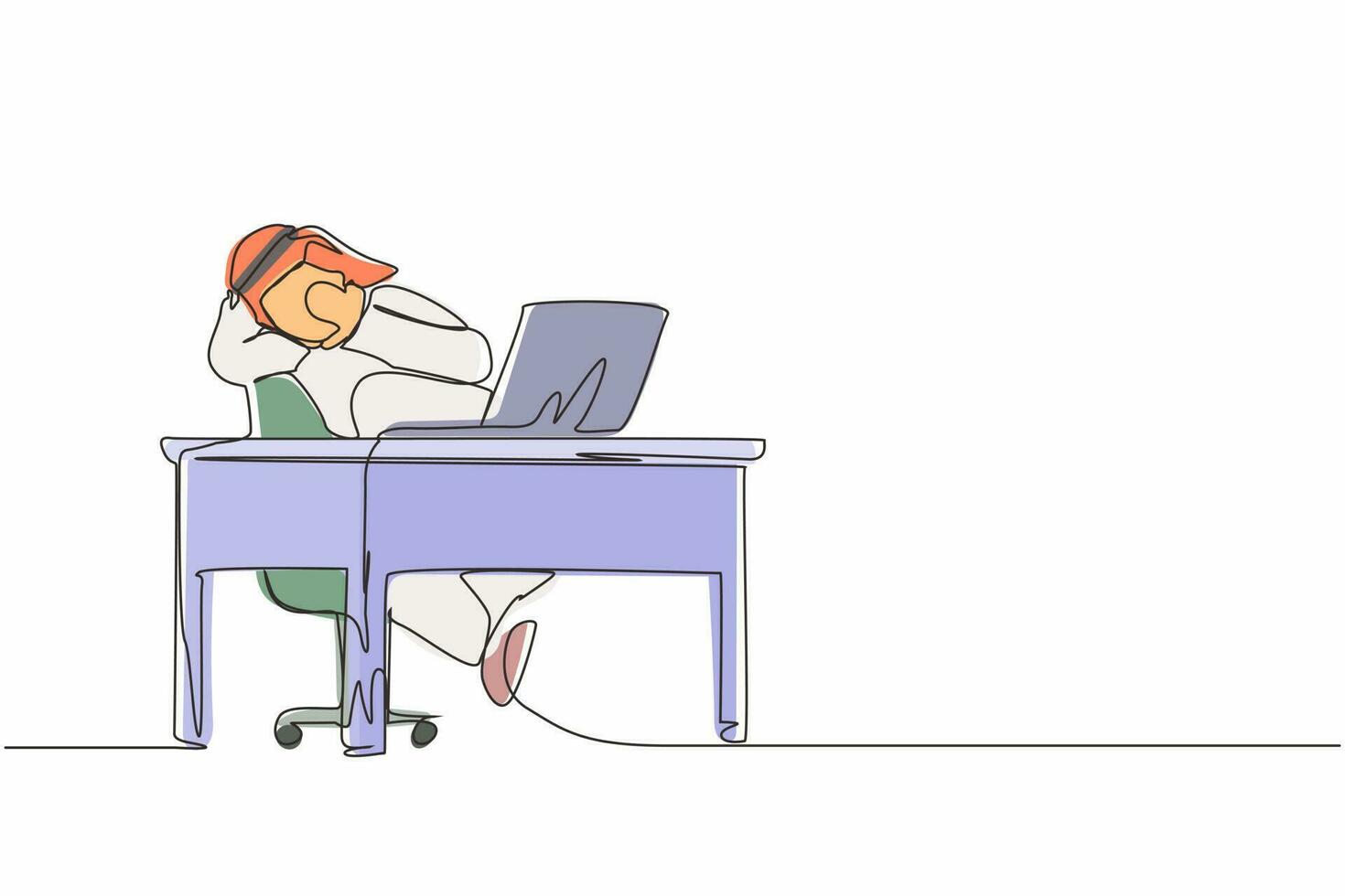 Continuous one line drawing scared Arab man manager looking at laptop computer screen. Shocked male watching video on his notebook computer at home. Single line draw design vector graphic illustration