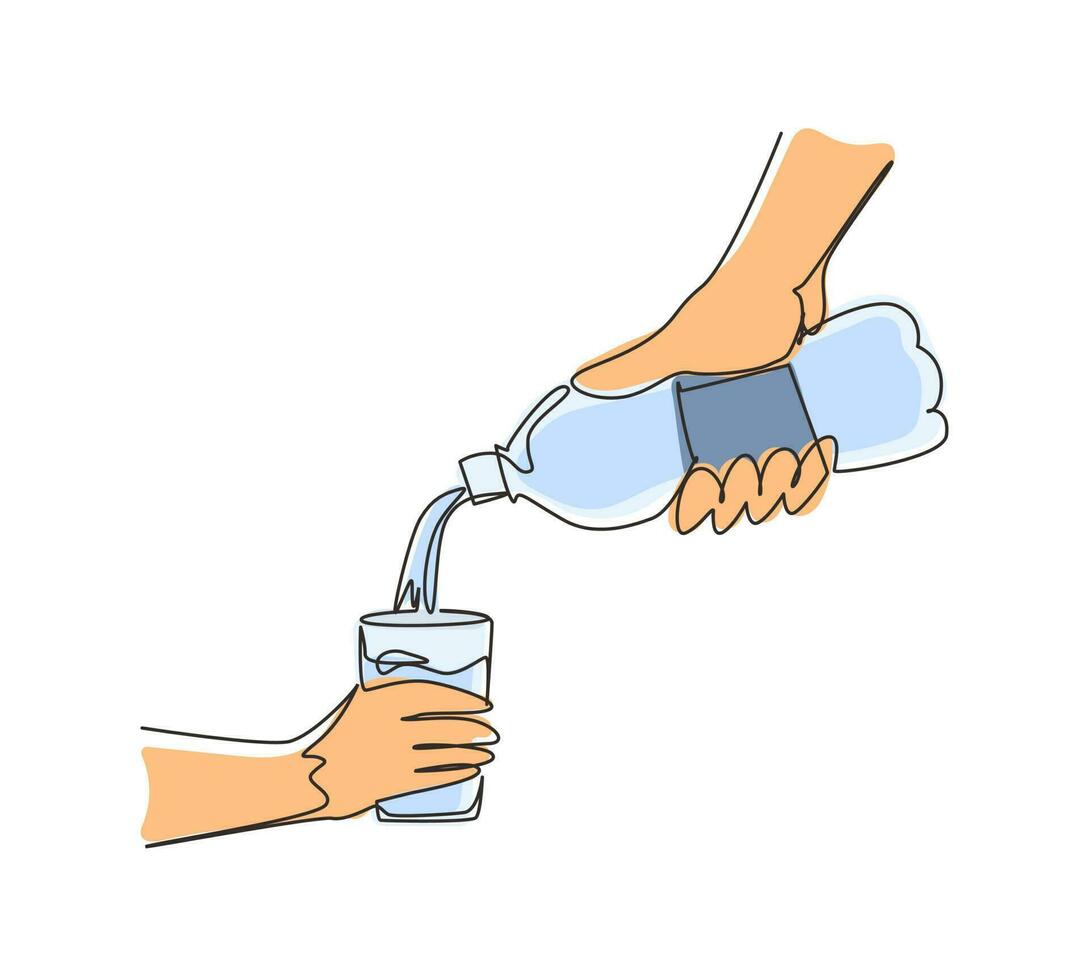 mano de dibujo de una sola línea sosteniendo una botella de agua de plástico, vertiendo agua en un vaso. bebida natural mineral fresca. vaso y botella sosteniendo en la mano. ilustración de vector de diseño de dibujo de línea continua