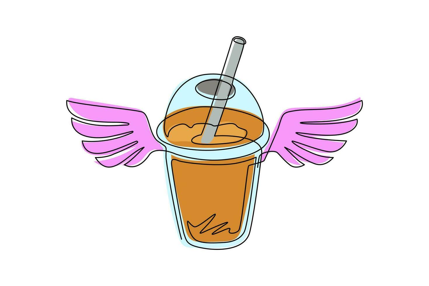 Single one line drawing bubble boba tea drink with wings. Food in doodle cartoon linear style. For flyer, sticker, card, logo, icon, print, poster. Modern continuous line draw design graphic vector