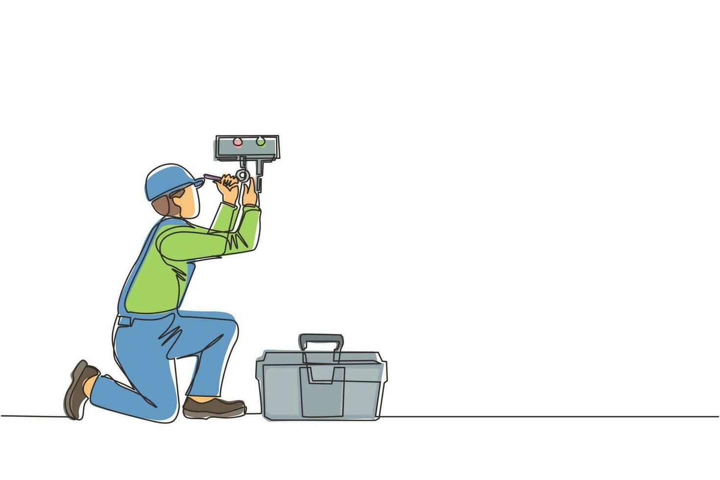 Single one line drawing male plumber in overall is installing water heater or boiler. Home repair, maintenance and plumbing services. Handyman concept. Continuous line draw design vector illustration