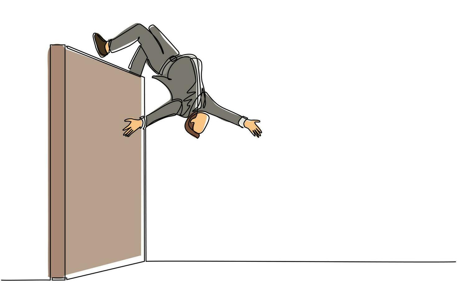 Single one line drawing businessman jumping over brick wall with acrobatic over head style to achieve his goal. Businessman jumping over the wall of barriers. Modern continuous line draw design vector