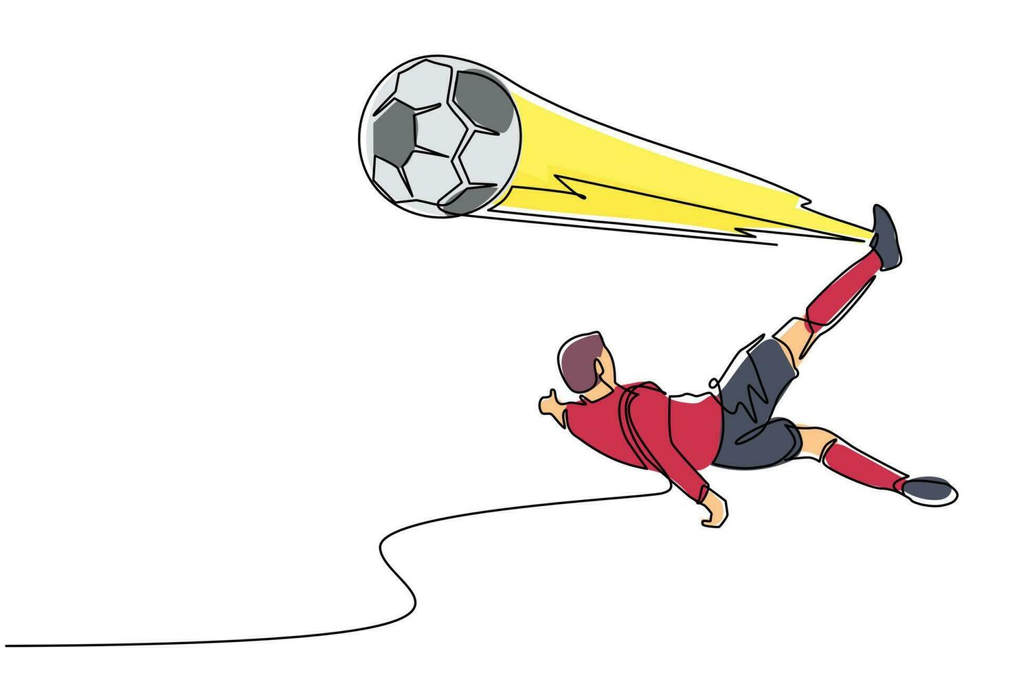 Single one line drawing soccer player doing overhead kick shot. Soccer player in action of jump over kick soccer ball to make score goal. Modern continuous line draw design graphic vector illustration