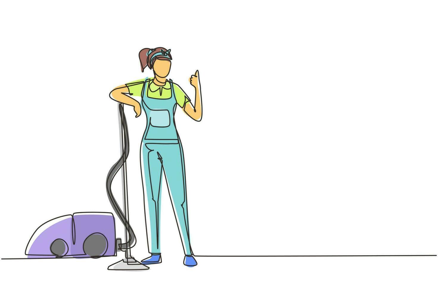 Single continuous line drawing worker of cleaning service. Woman dressed in uniform with vacuum cleaner. Washing, cleaning service. Disinfection and cleaning one line draw design vector illustration