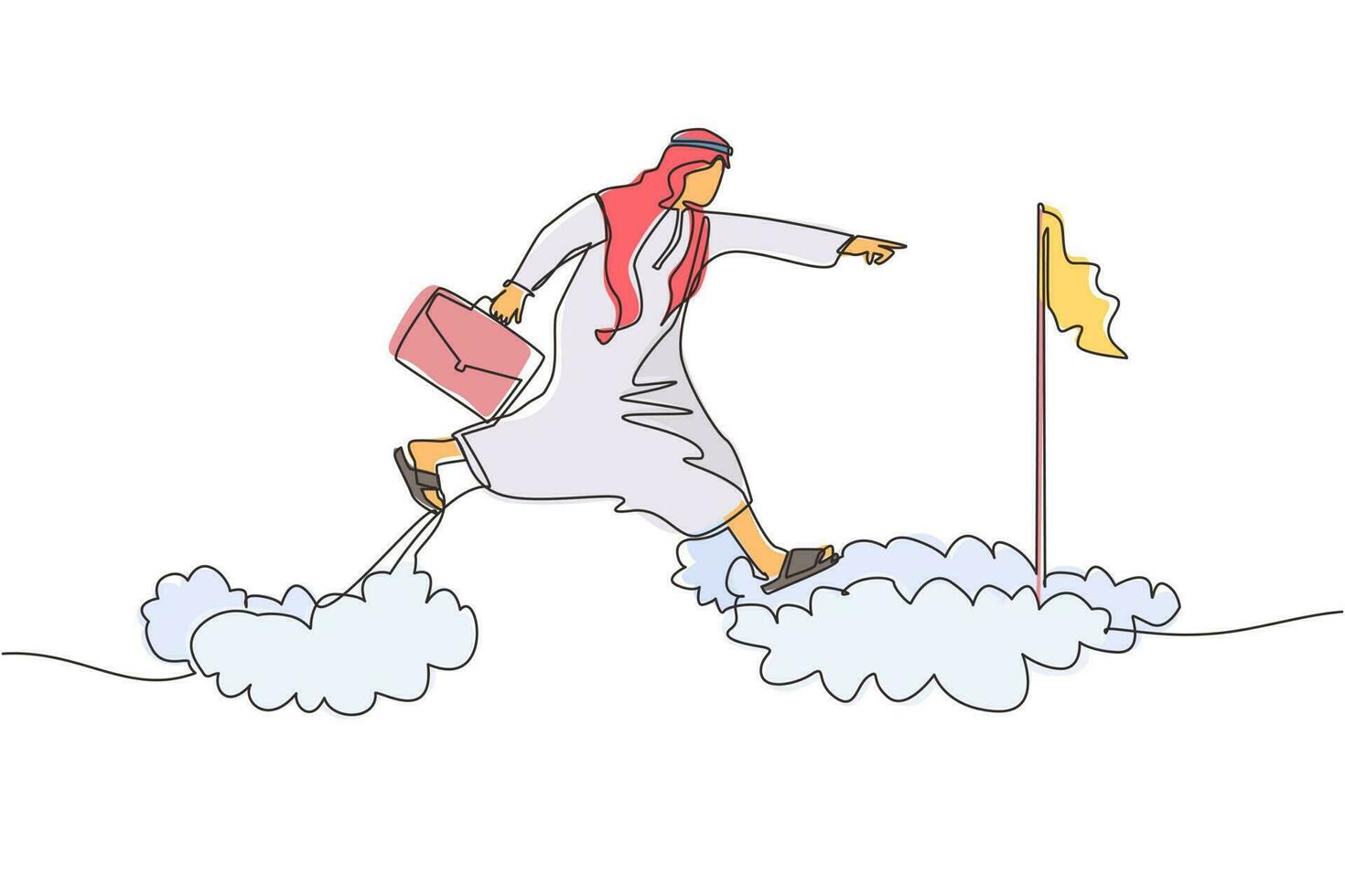 Continuous one line drawing fearless brave Arabic businessman make risk by jump over clouds to reach his success target or flag. Challenge of his career. Single line design vector graphic illustration