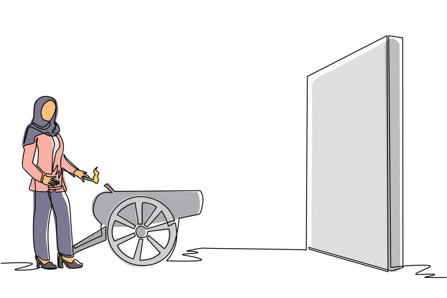 Continuous one line drawing Arab businesswoman ignites cannon in front of wall and want to destroy. Starting new business company by destroying obstacles to reach goal. Single line draw design vector