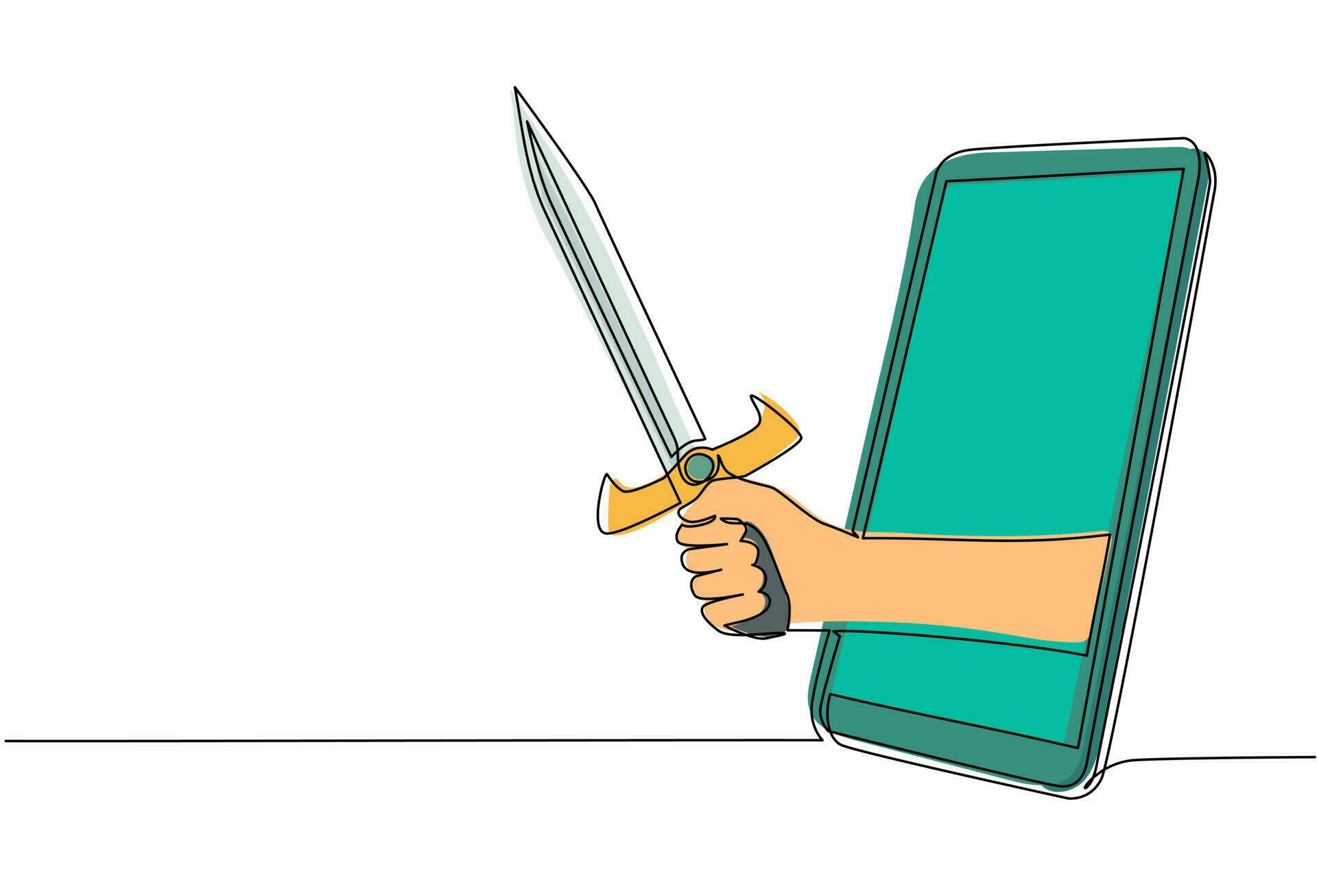 Single continuous line drawing hand hold sword warrior through mobile