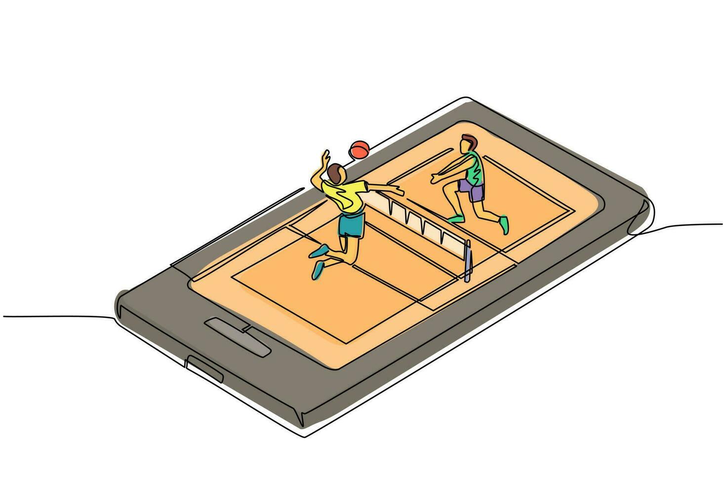 Single continuous line drawing volleyball court with two players on smartphone screen. Professional sports competition, volleyball players during match, mobile app. One line draw graphic design vector