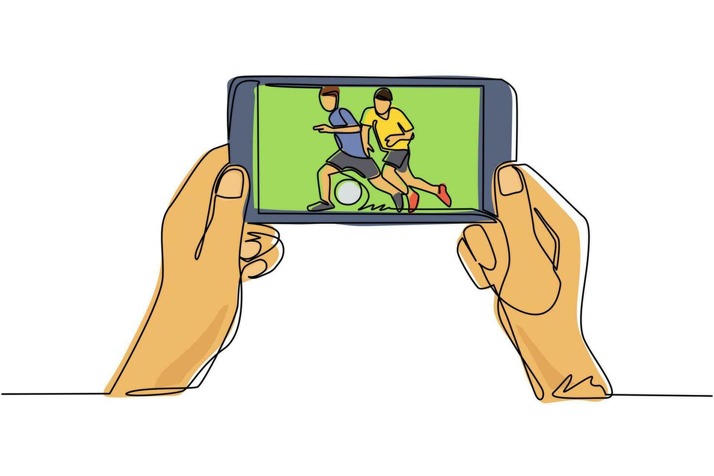 transmisión en vivo de una sola línea de fútbol o liga de fútbol en el teléfono móvil. manos del hombre sosteniendo el teléfono inteligente y viendo cualquier partido de fútbol en vivo en línea. ilustración de vector de diseño de dibujo de línea continua