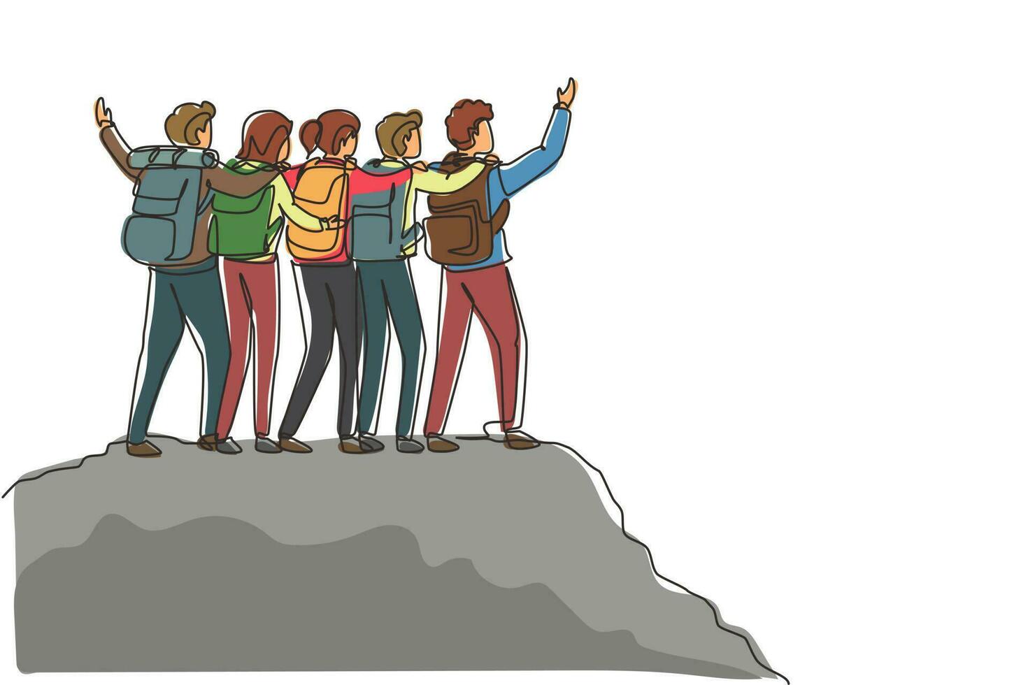 Single continuous line drawing friend group of hikers hugging together for successful reaching top of mountain. Success, achievement and goal concept. One line draw graphic design vector illustration