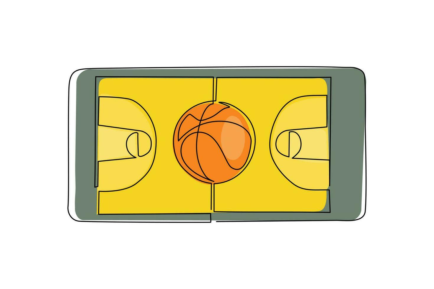 Continuous one line drawing basketball court and basketball ball in smartphone screen. Online basketball games. Smartphone applications