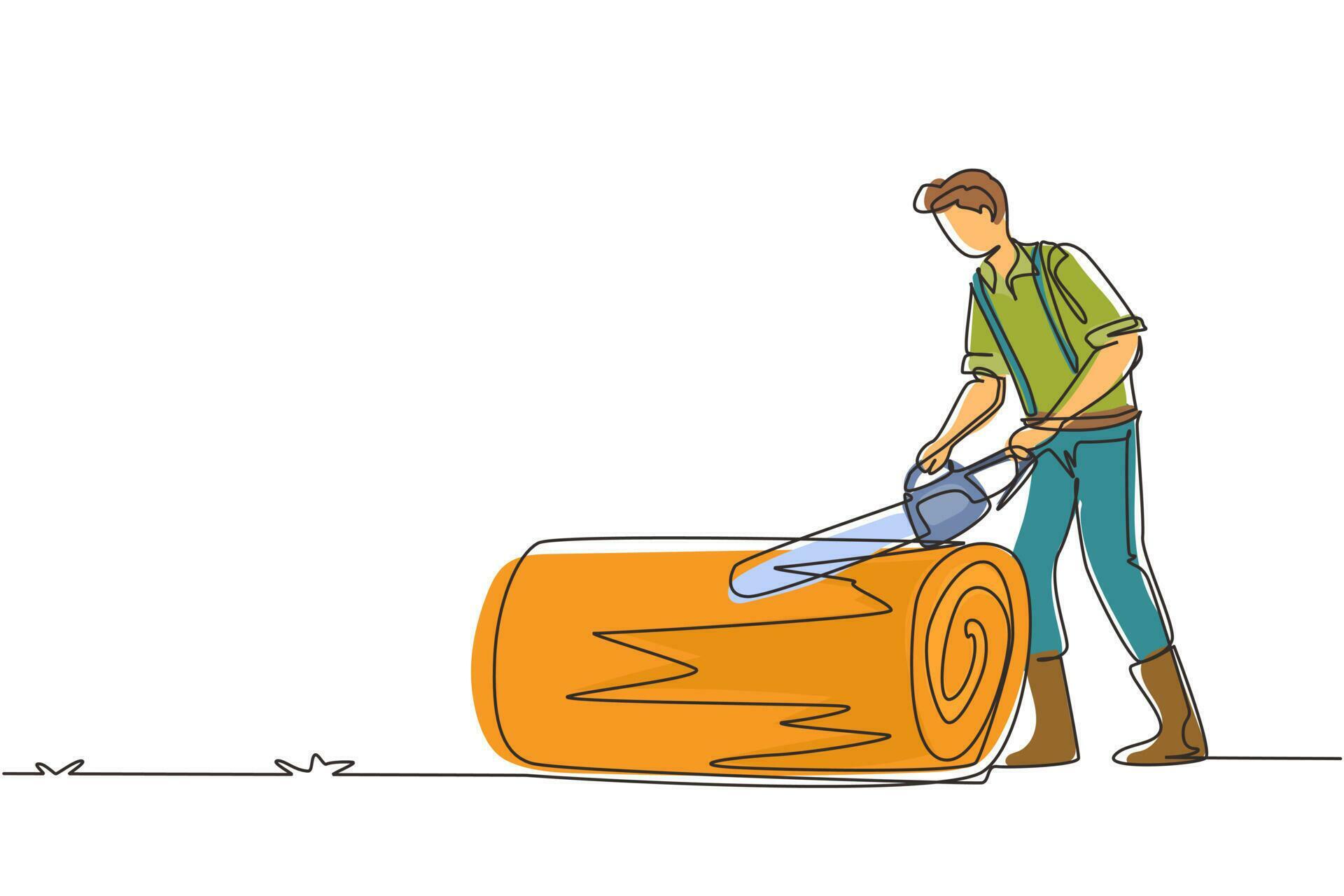 Single one line drawing wood industry worker with chainsaw working. Man