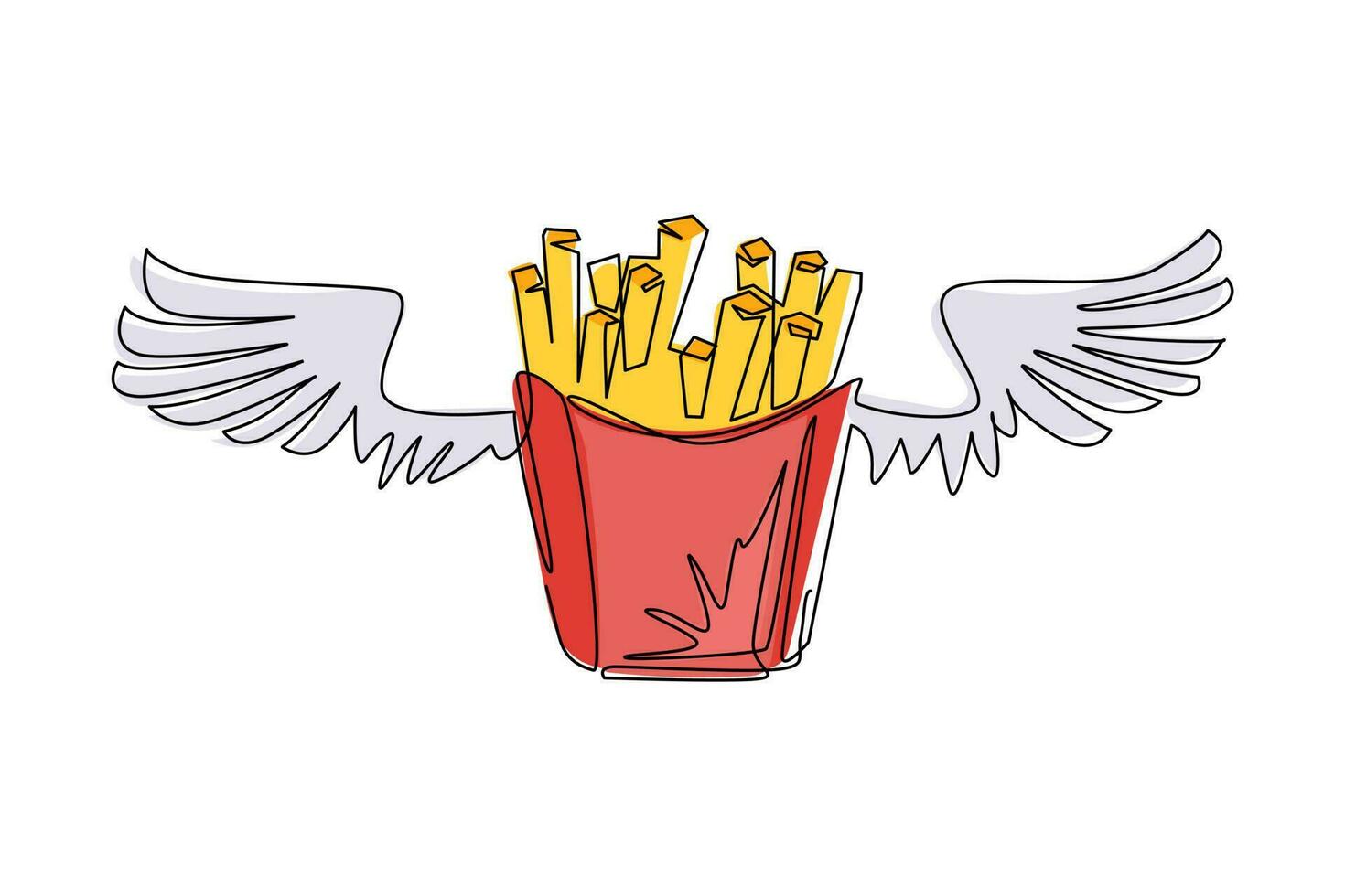 Single one line drawing french fries in paper box with wings, isolated. Flat design logo symbol. French fries fast food in red package. Modern continuous line draw design graphic vector illustration