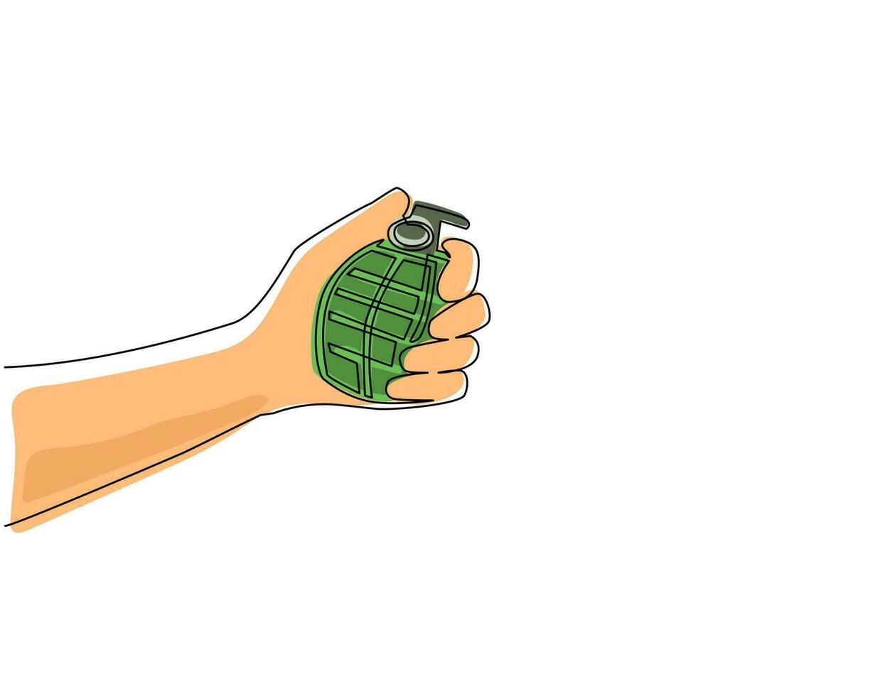 Single one line drawing hand holding grenade. Army explosive weapon equipment symbol icon isolated. Offensive individual soldier weapon. Modern continuous line draw design graphic vector illustration