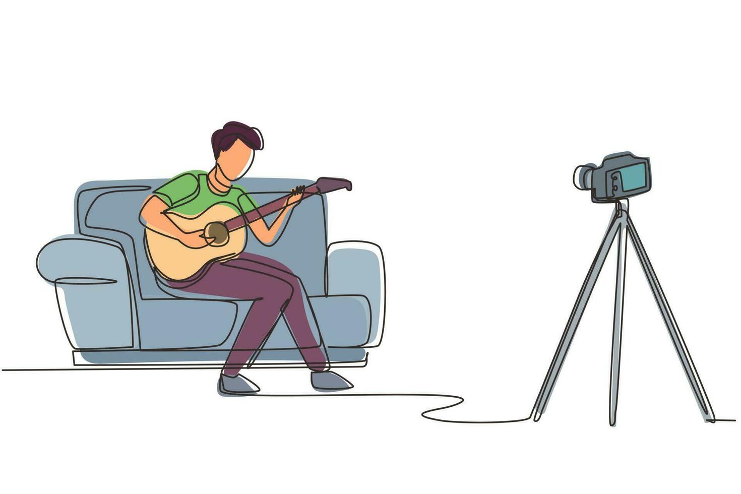 Single continuous line drawing man recording video clip of his playing guitar by camera on tripod. Male vlogger influencer performing music for show to streaming digital. One line draw design vector