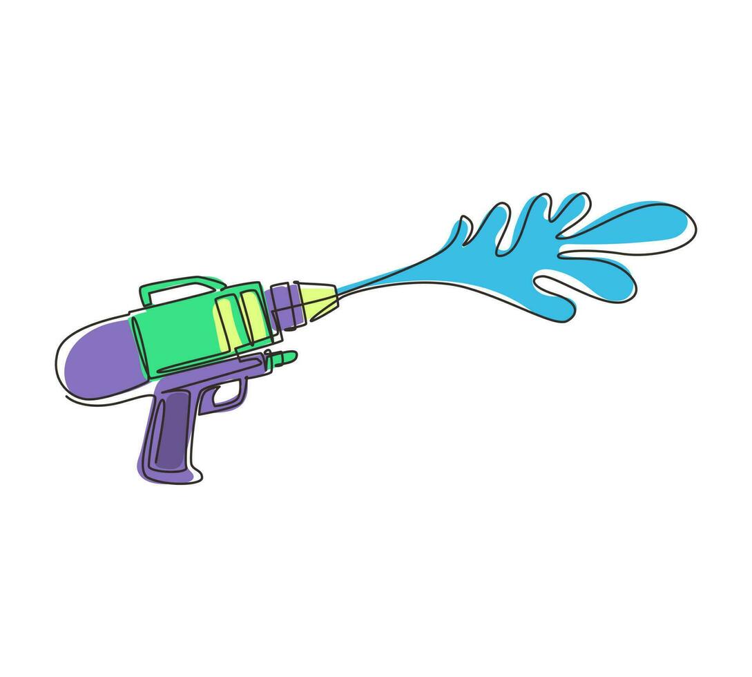 Single continuous line drawing water gun for Songkran festival in Thailand. Logo for water festival with gun and water drops. Plastic summer toys for children. One line draw design vector illustration