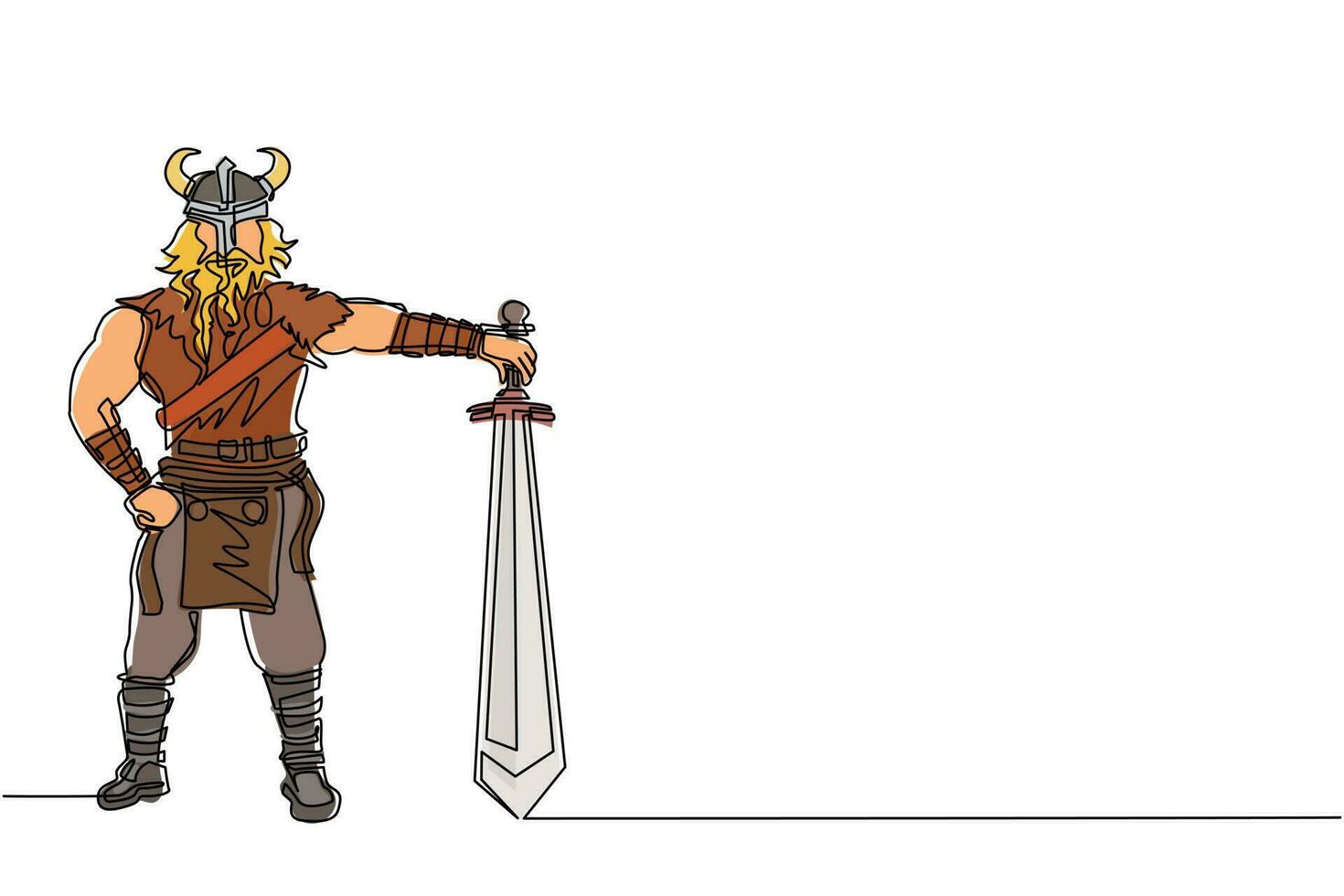 vikingo masculino de dibujo de una sola línea con físico fuerte y aire belicoso que sostiene una espada. guerrero norseman con casco con cuernos y barba con espada. vector de diseño de dibujo de línea continua