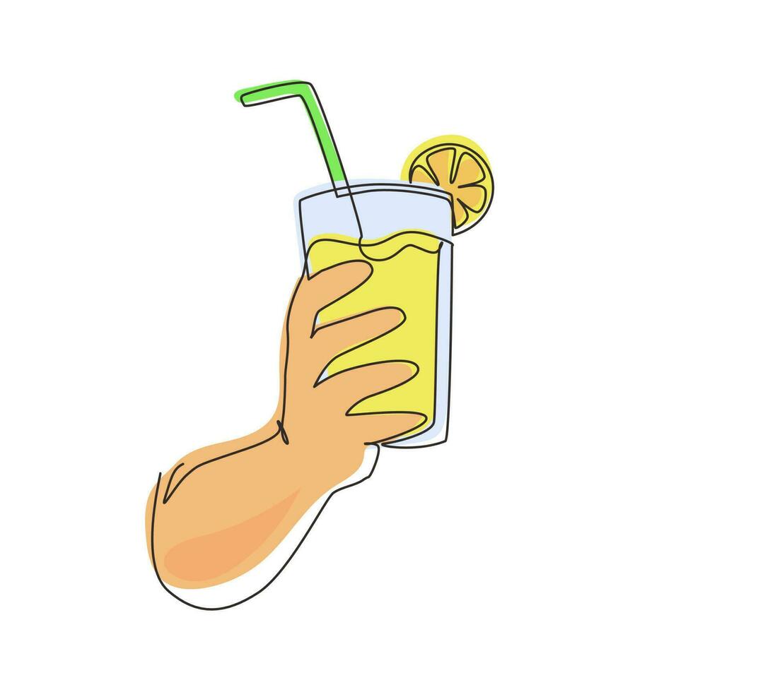 Single continuous line drawing hand holding glass with lemonade fruit juice. Drink made of fresh lemon juice. Juicy water with straw. Relaxing time. One line draw graphic design vector illustration