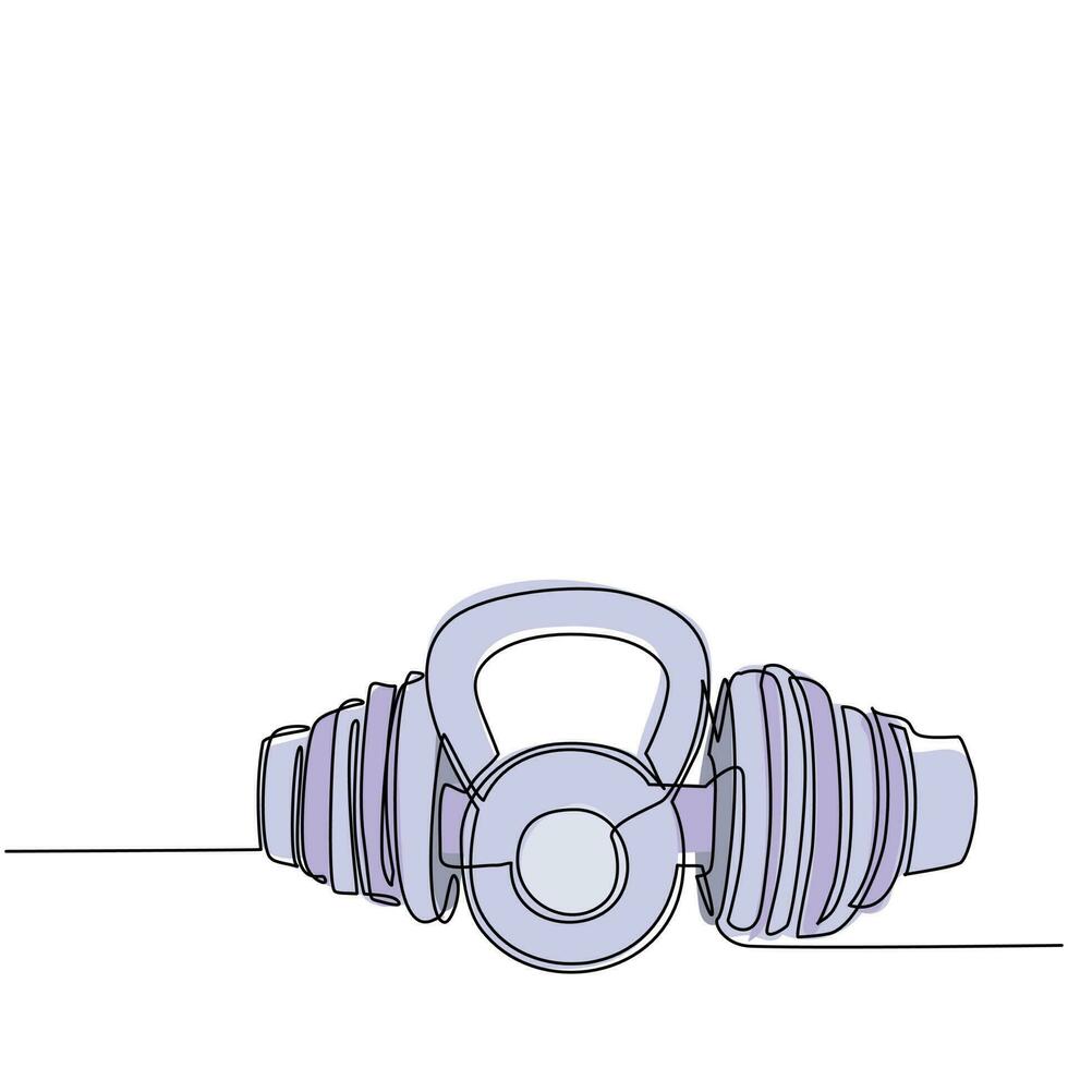 mancuernas de dibujo de una sola línea continua y un icono de vector de pesas rusas establecido en fondo blanco para elementos de gimnasio o fitness. peso, barra, mancuerna. ilustración de vector de diseño gráfico de dibujo de una línea