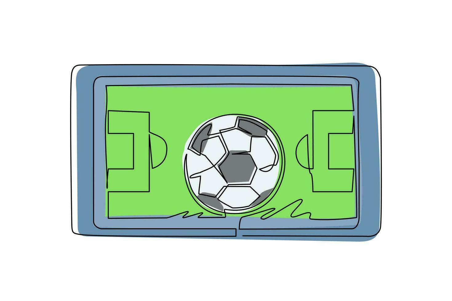 Single one line drawing football field and soccer ball in smartphone screen. Smartphone with app soccer football