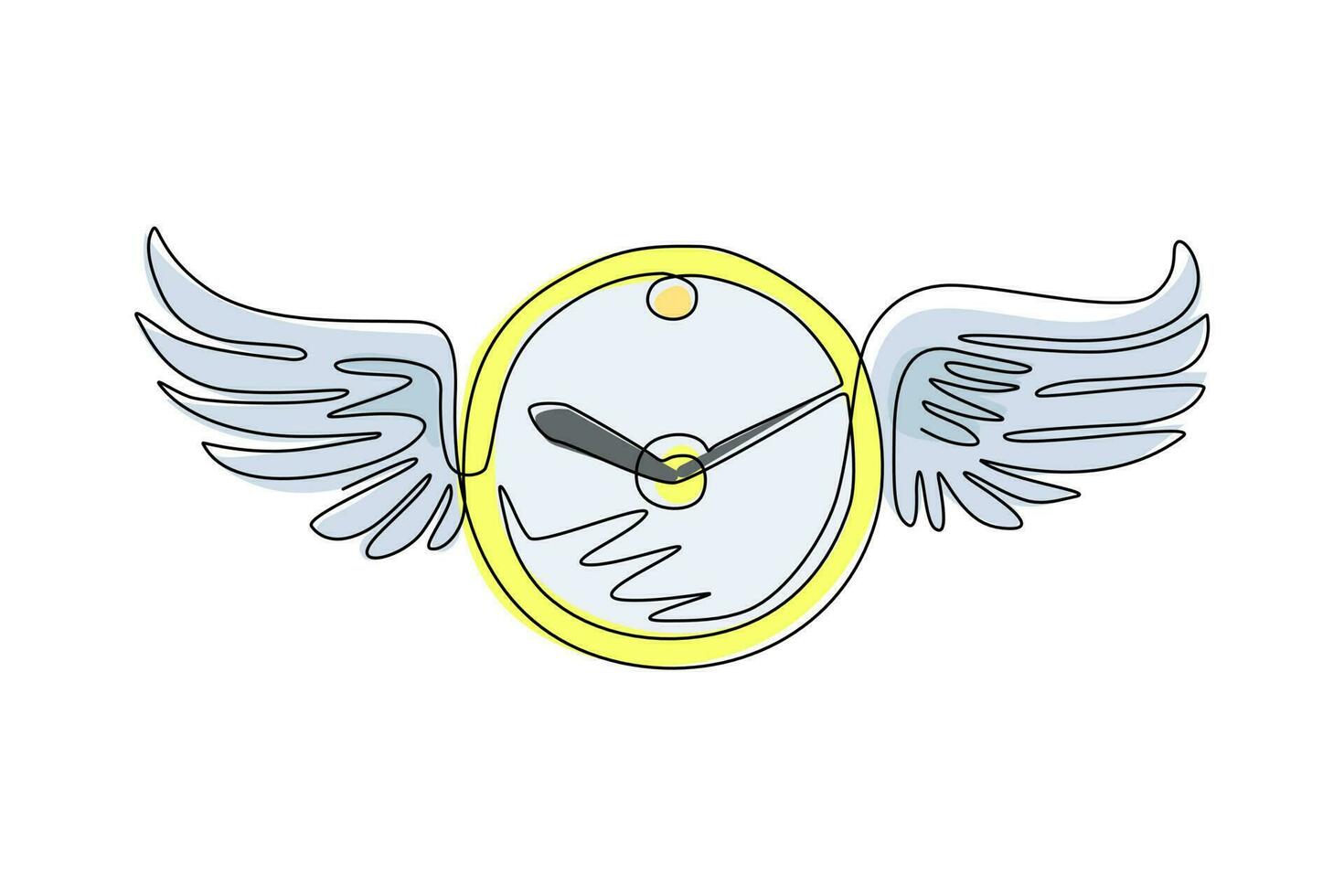 Single one line drawing clock with wings flying in the sky. Lost time concept. Time featuring winged clock flying in the sky. Time flies. Modern continuous line draw design graphic vector illustration