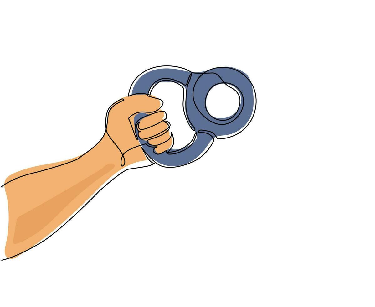 Single continuous line drawing bodybuilder hand holding kettlebell. Weight. Athlete with kettlebell for strength exercises. Equipment for sports and bodybuilding. One line draw graphic design vector