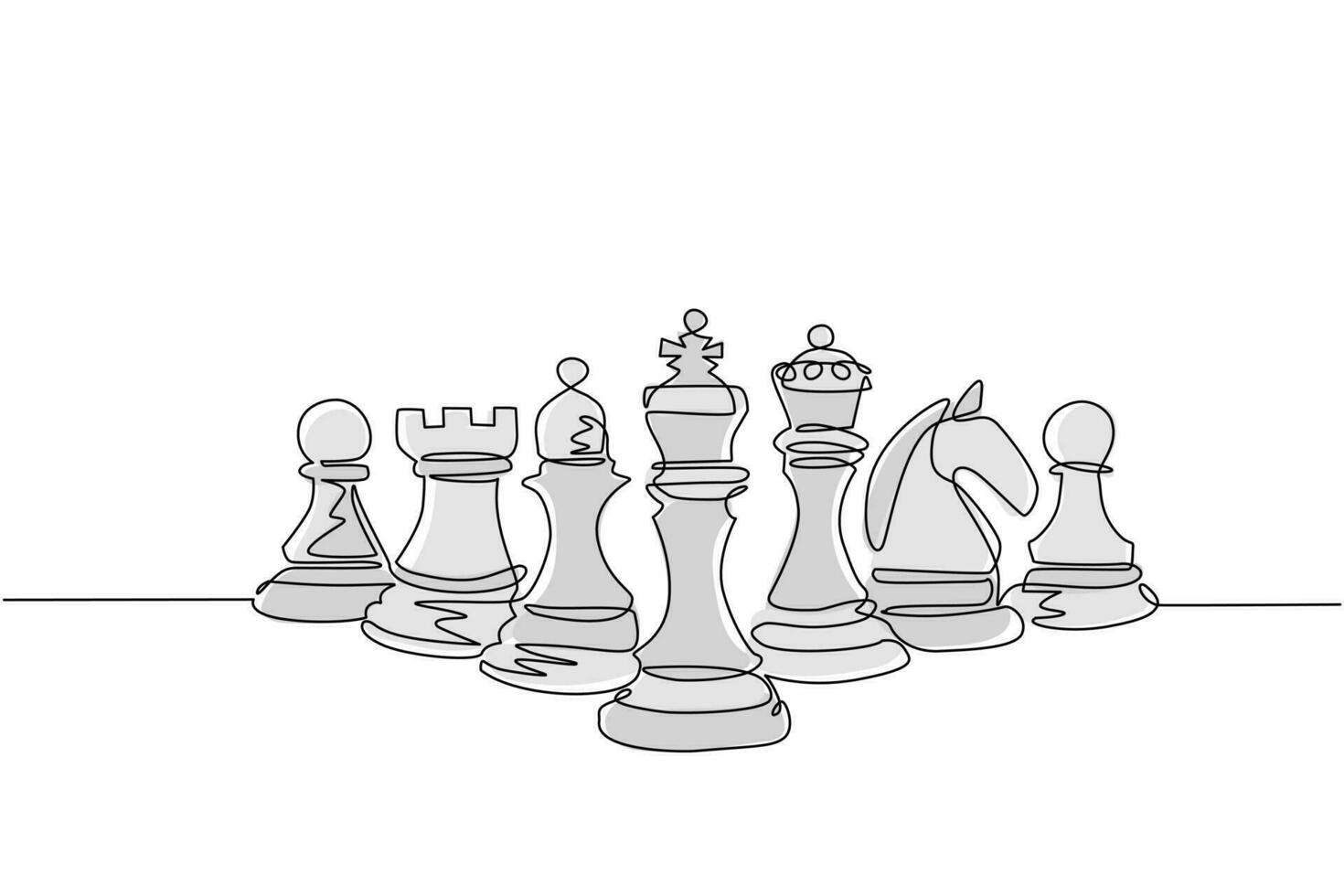 Single one line drawing chess pieces aligned, luxury hand drawn or engraving. King, Queen, Bishop, Knight, Rook, Pawn. Leader success concept. Continuous line draw design graphic vector illustration