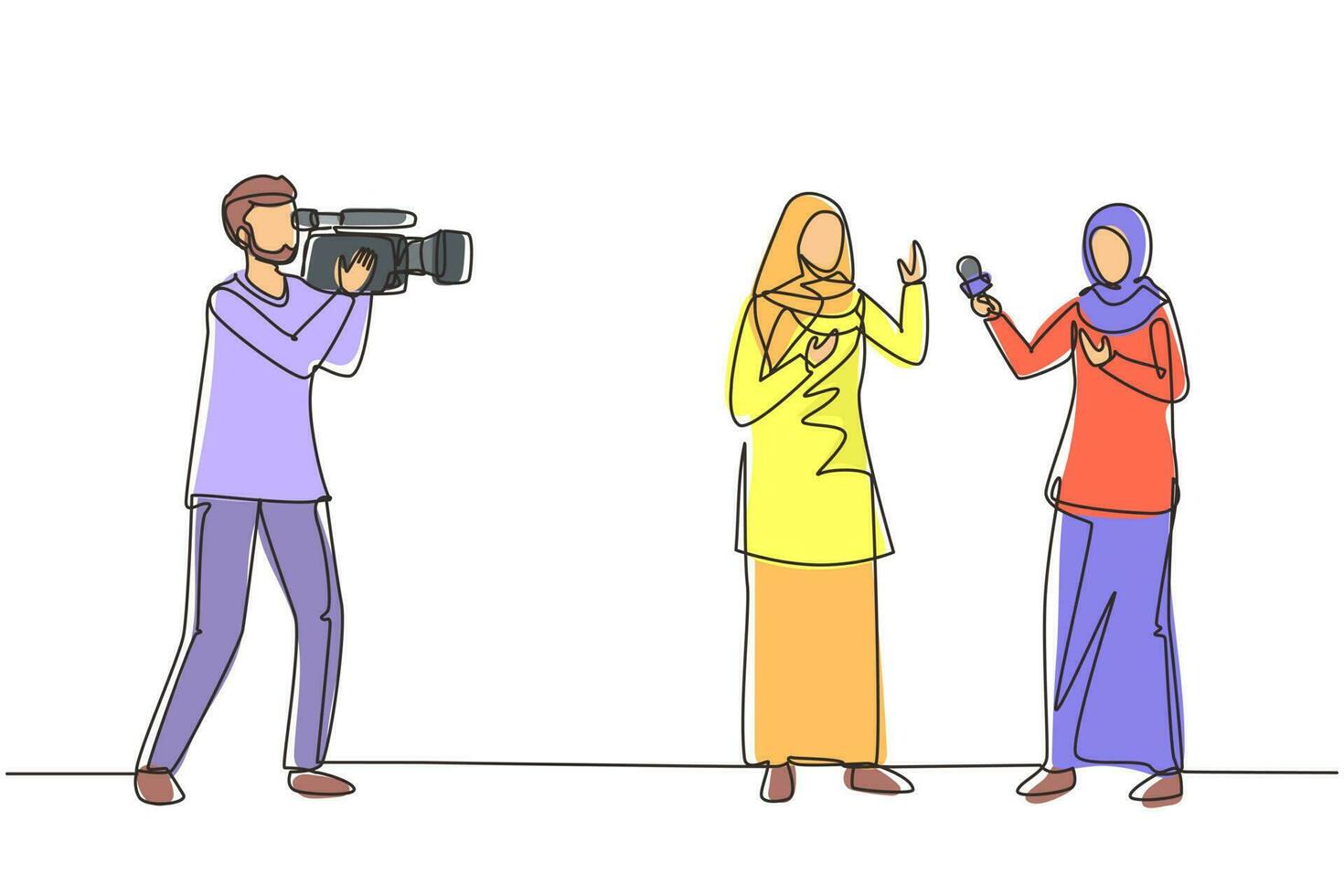 Single one line drawing Arab woman journalist with microphone, interview Arabian girl at tv studio. Reporter and cameraman broadcast breaking news at live stream. Continuous line draw design vector