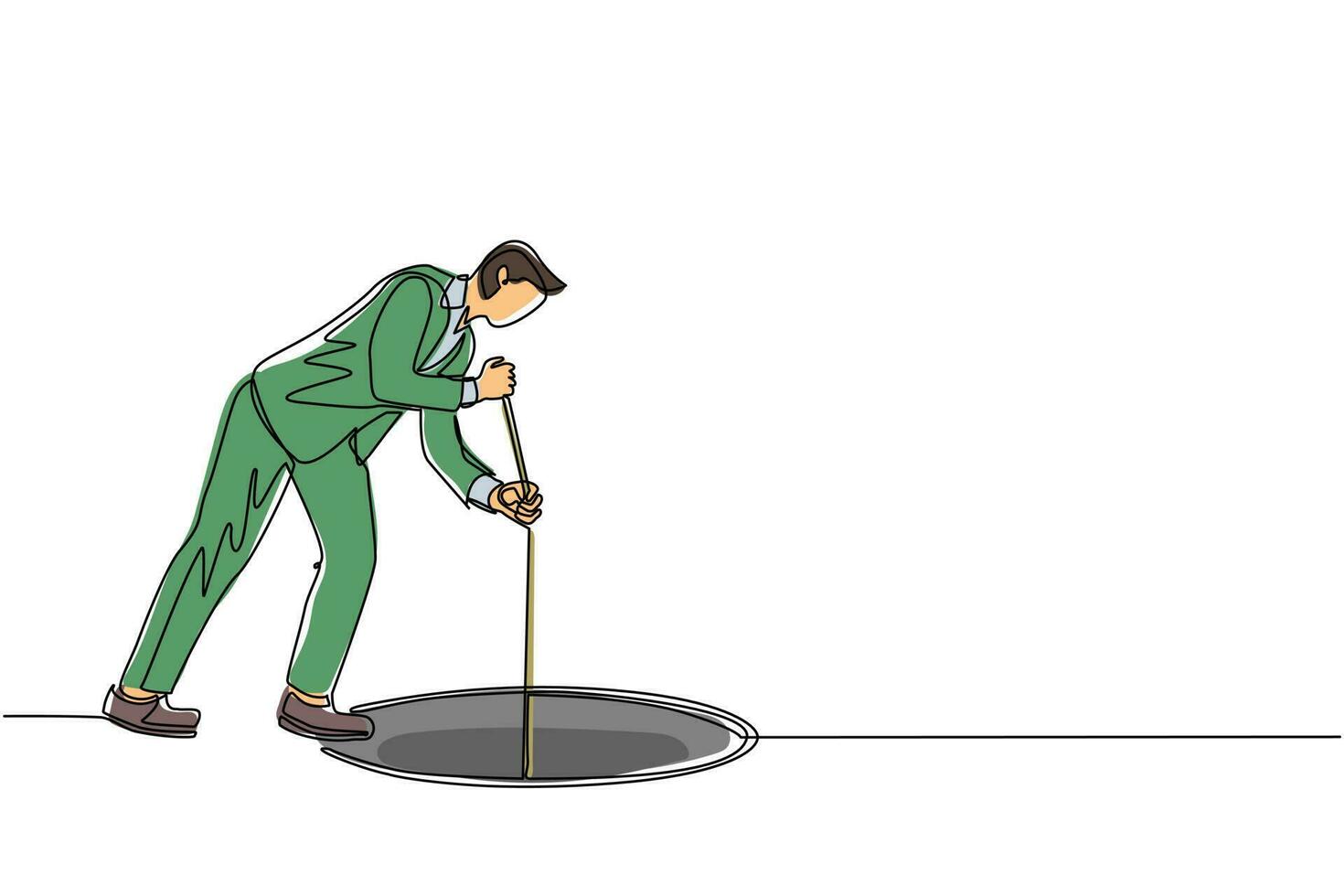 Continuous one line drawing businessman stretch out rope into hole. Man wondering and looking at the big hole, business concept in opportunity, exploration or challenge. Single line draw design vector