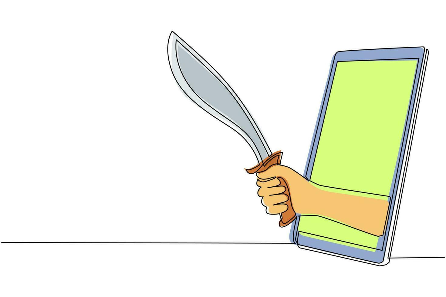 Continuous one line drawing hand hold machetes knife with curved blade through mobile phone. Concept of mobile games, e-sport, entertainment application for smartphones. Single line draw design vector
