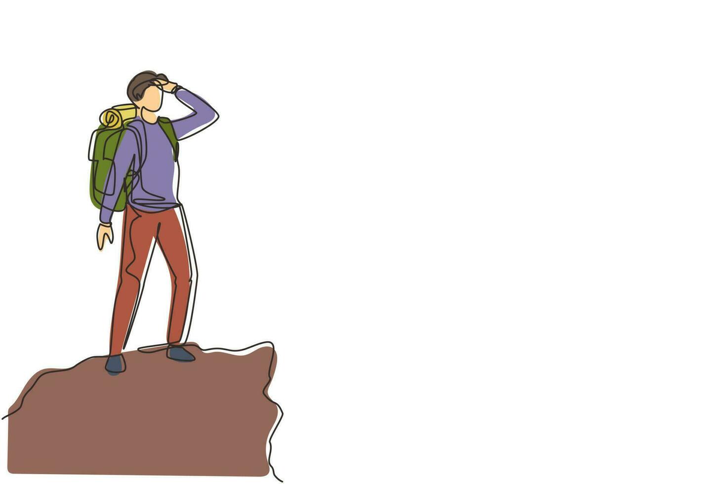 Continuous one line drawing man hiker at the top of the mountain