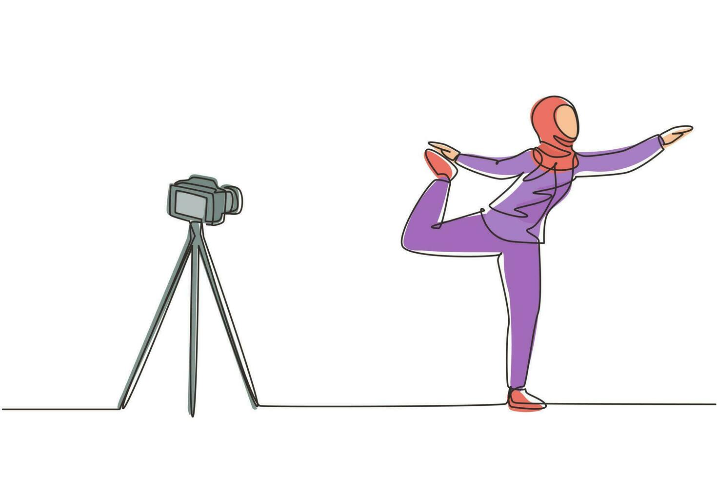 Single continuous line drawing Arab woman blogger in hijab sportswear shoots video on camera doing exercises at home. Fitness vlogger live broadcast of training session. One line draw design vector