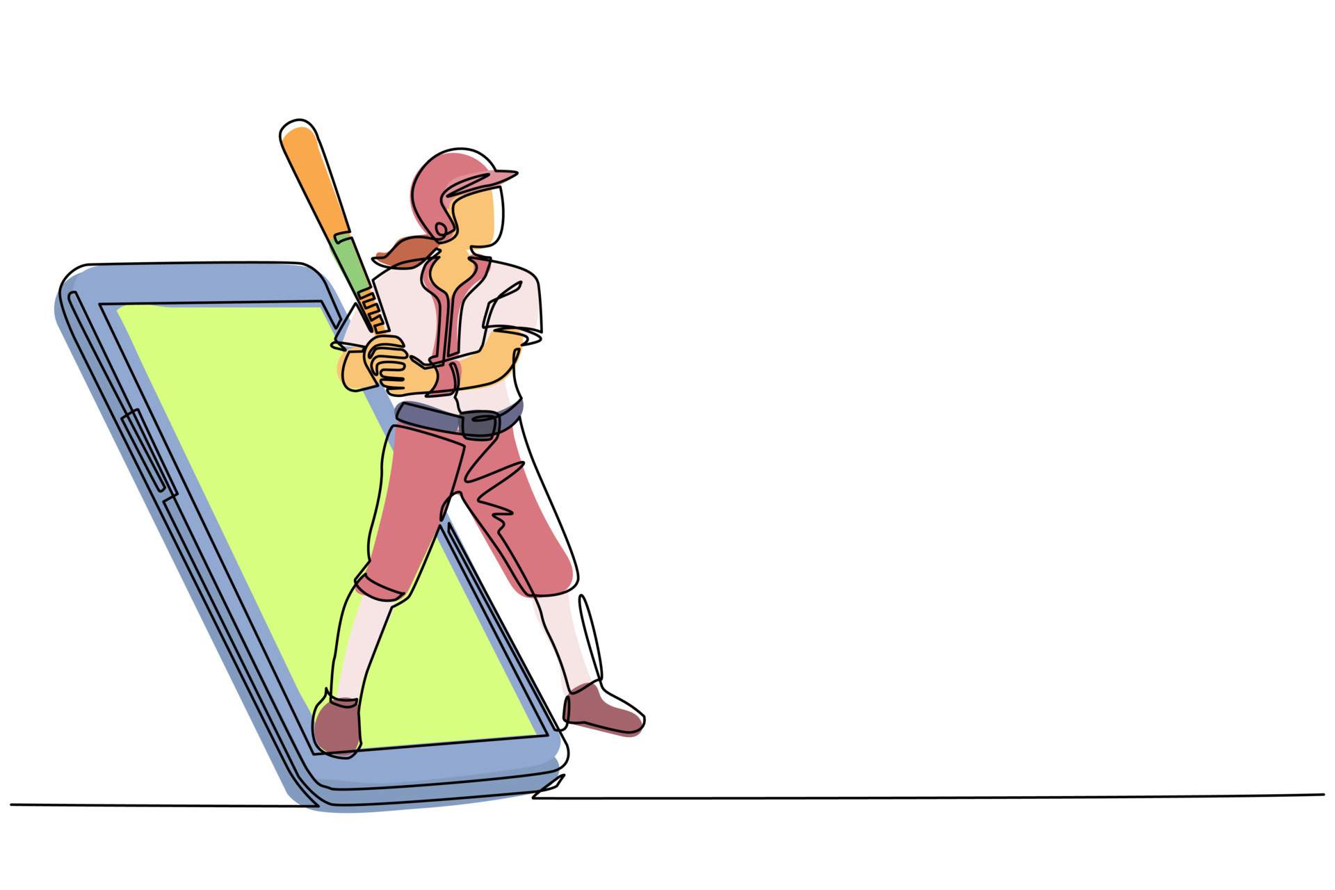 Continuous one line drawing woman baseball player ready to hit the ball getting out of smartphone screen. Mobile sports play matches