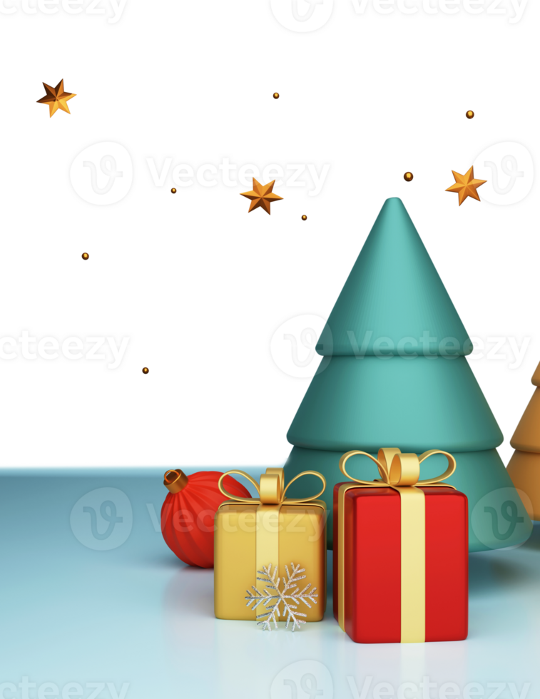3D Christmas Tree With Gift Boxes, Snowflake, Bauble And Golden Stars. png