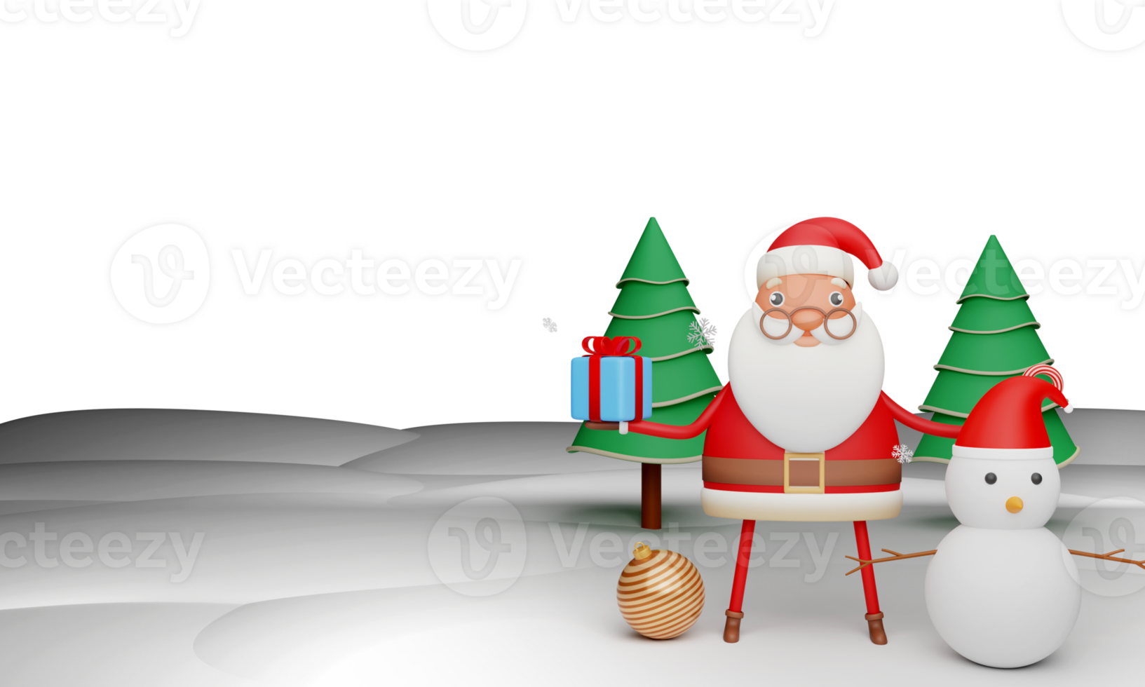 3D Portrait of Santa Claus Presenting Gift Box With Snowman, Bauble, Xmas Tree. png