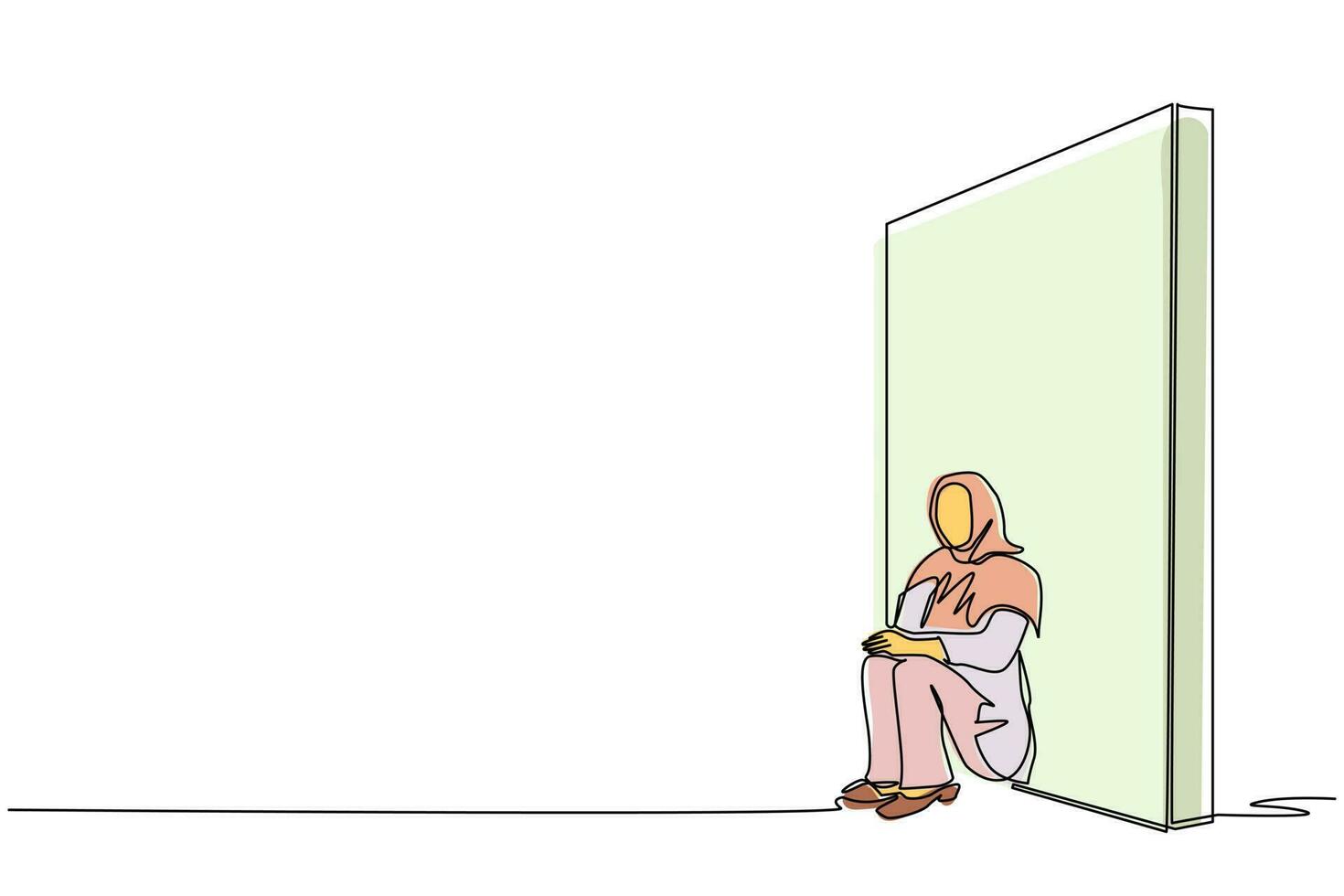 Continuous one line drawing upset Arab businesswoman sitting on floor and lean against the wall. Business concept in failure, sad, lonely, bankruptcy or negative expression. Single line design vector