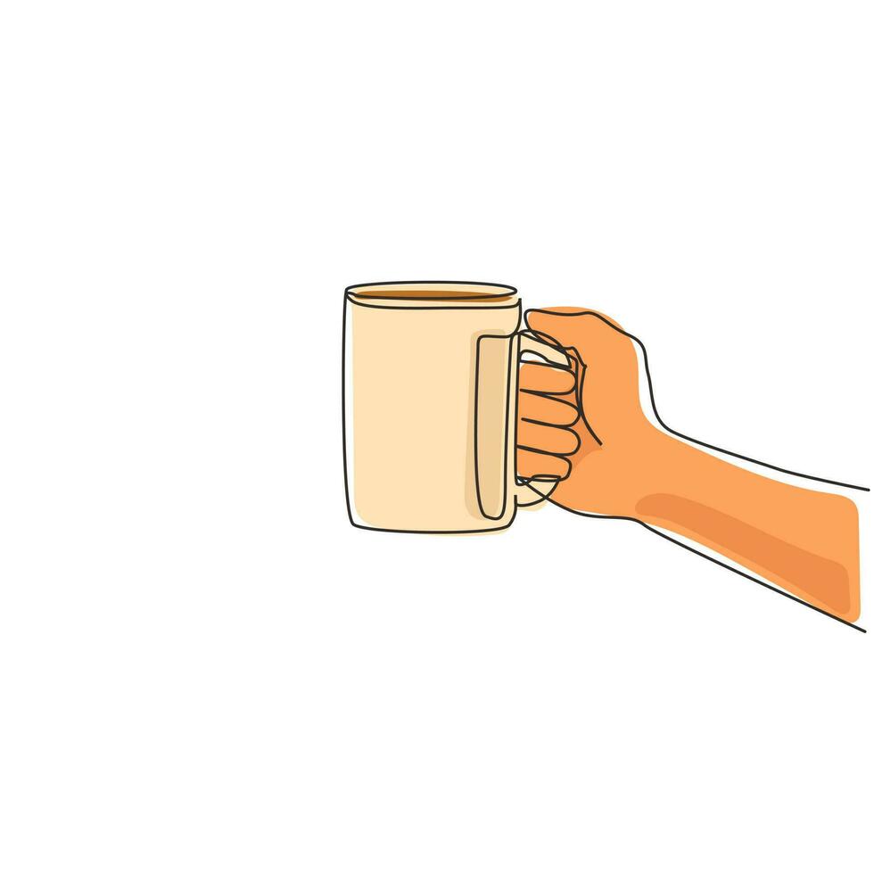 Single one line drawing human hand is holding a ceramic cup with coffee or tea. Hand holds a hot mug by the handle. Relax time in the morning. Continuous line draw design graphic vector illustration