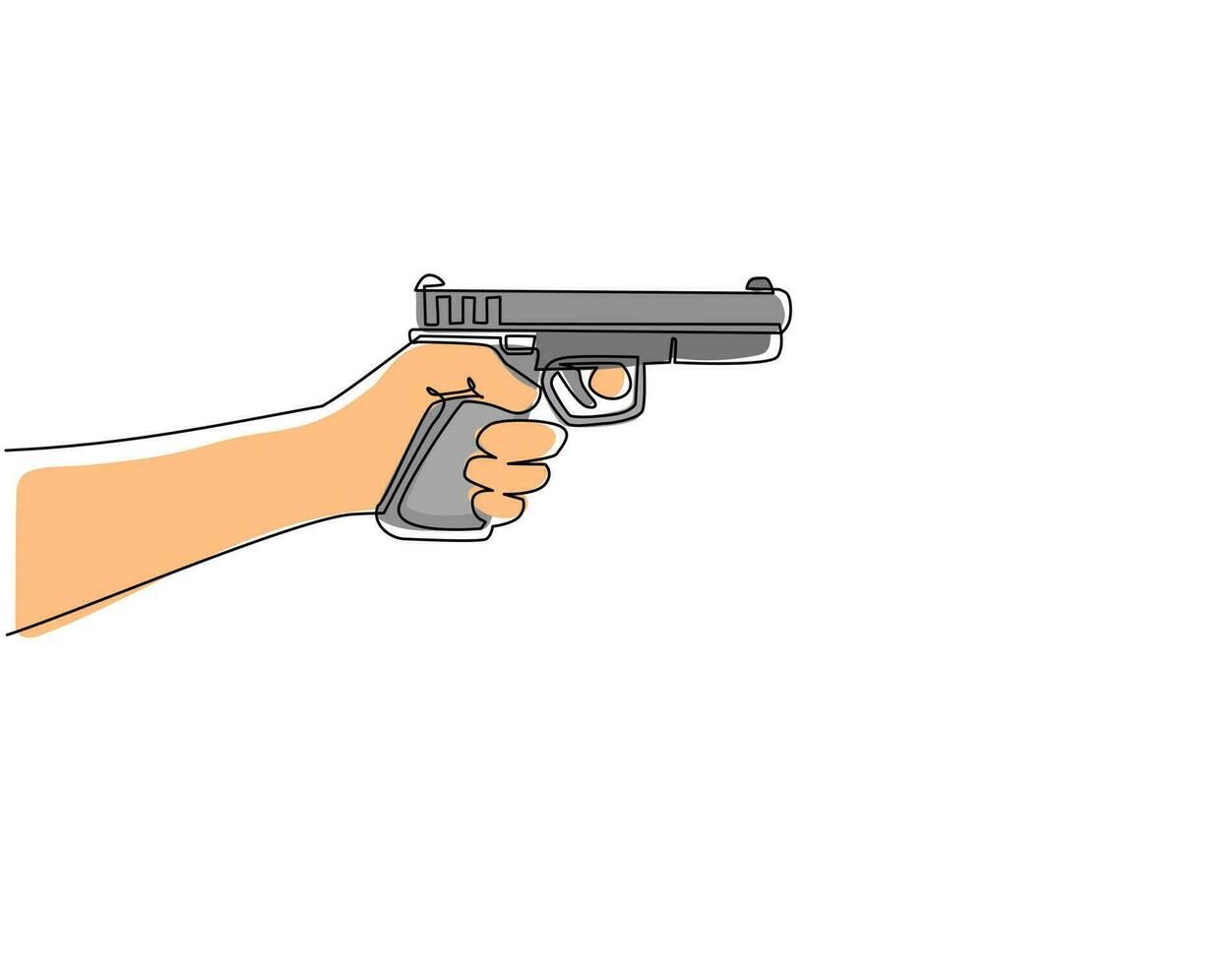 dibujo continuo de una línea mano sosteniendo disparos de pistola. pistola de pistola de gran alcance. municiones de armas de fuego del ejército militar. arma de calibre de mano de brazo de policía. ilustración gráfica de vector de diseño de dibujo de una sola línea