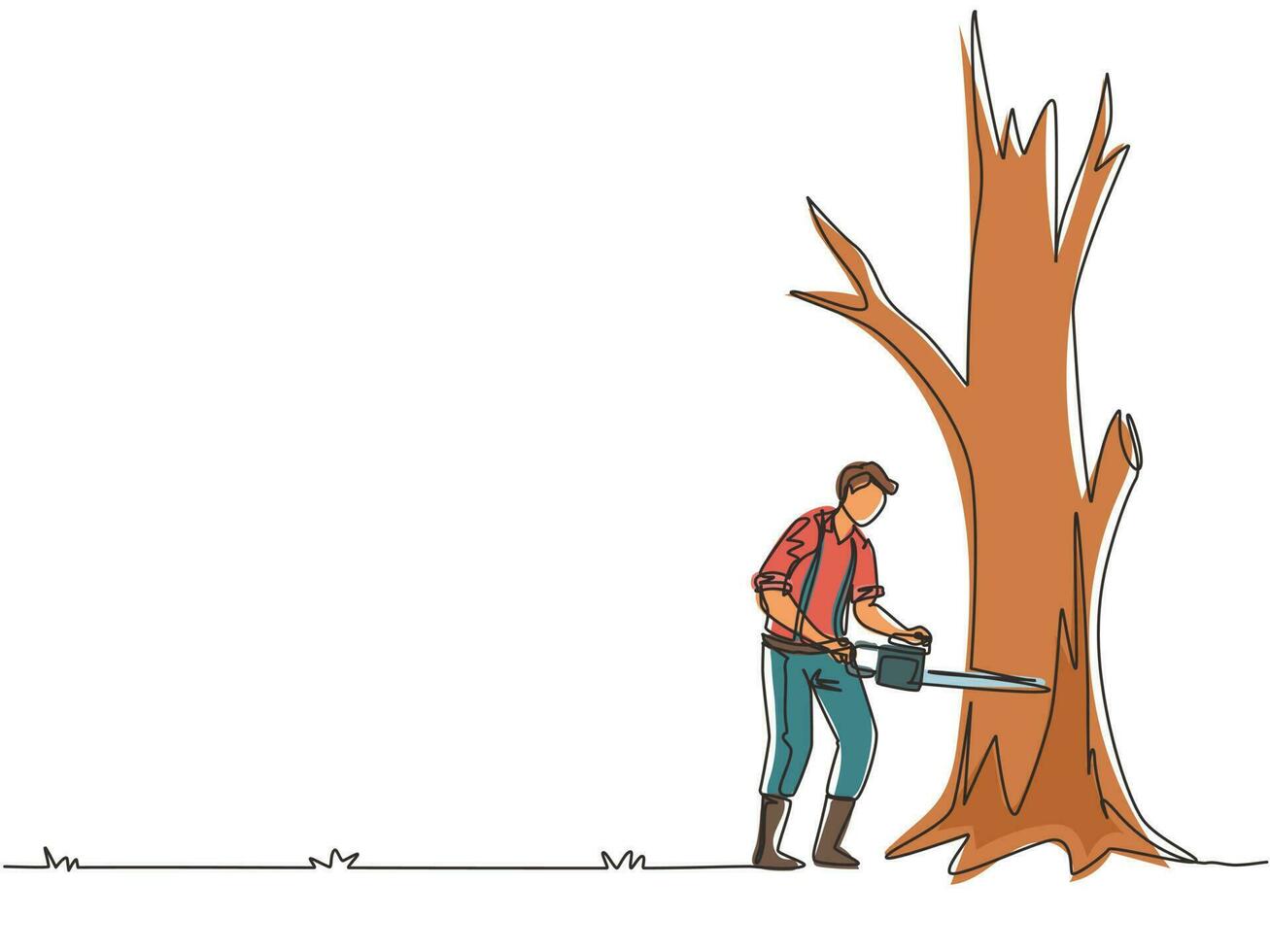 Continuous one line drawing logger sawing log and tree in forest. Wood industry worker with saw in hands. Lumberjack cut timberwood, woodcutter occupation. Single line draw design vector illustration