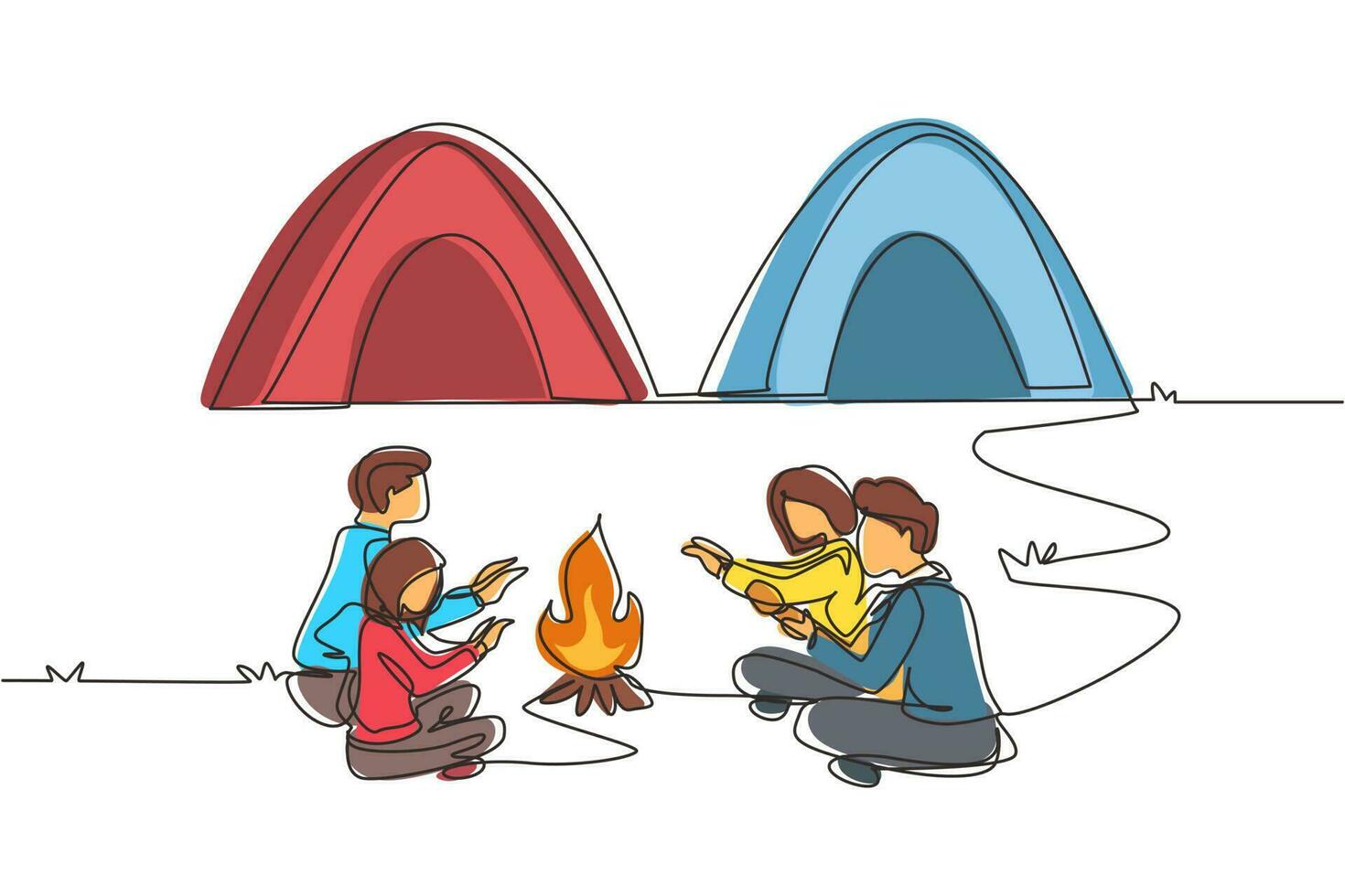 Continuous one line drawing two couple camping around campfire tents. Group of hikers warm their hands near bonfire sitting on ground, man playing guitar. Single line draw design vector illustration