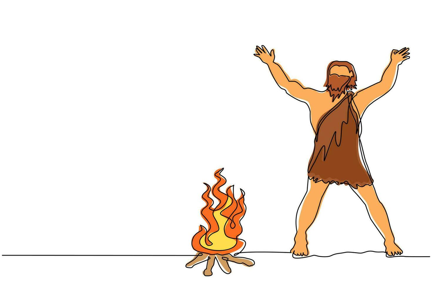 Single continuous line drawing prehistoric man standing around bonfire. Caveman stands and raised two of his hands around campfire. Warmth his body at night. One line draw design vector illustration
