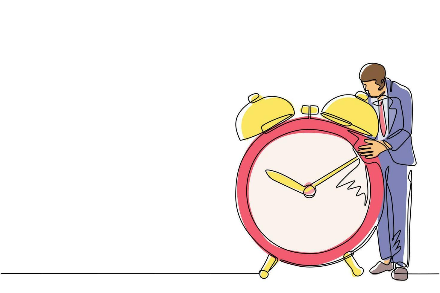 Single one line drawing businessman, manager or employee standing and hugging big clock. Concept of time management. Time, watch, time to work. Continuous line draw design graphic vector illustration
