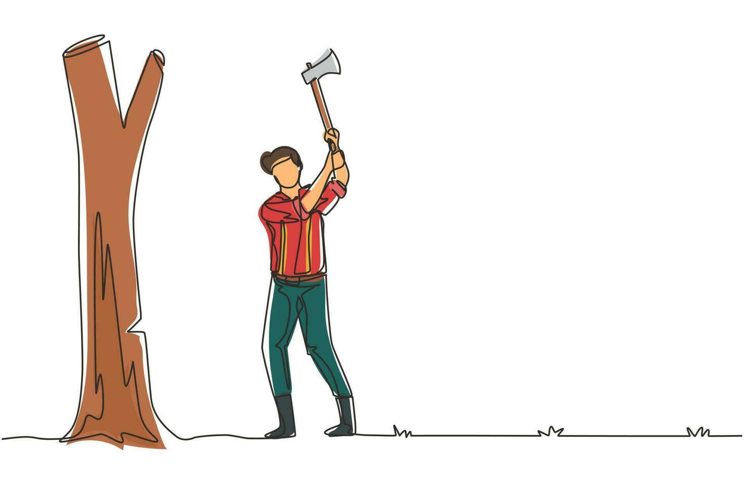 Single continuous line drawing lumberjack with an ax chopping wood. Woodcutter chopping tree with axe. Wearing shirt, jeans and boots. Man with ax in his hands cuts tree. One line draw design vector