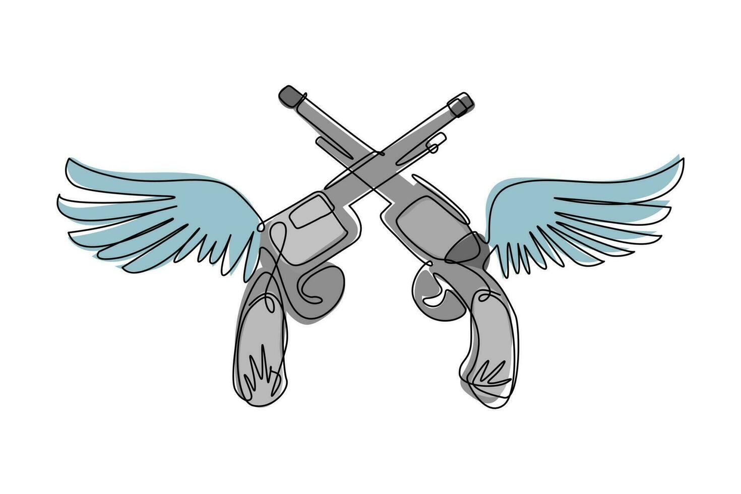 dibujo de una sola línea continua dos pistolas de revólver de vaquero con el símbolo del logotipo del icono de las alas. dos pistolas cruzadas aladas sobre fondo blanco aisladas. Ilustración de vector de diseño gráfico de dibujo de una línea dinámica