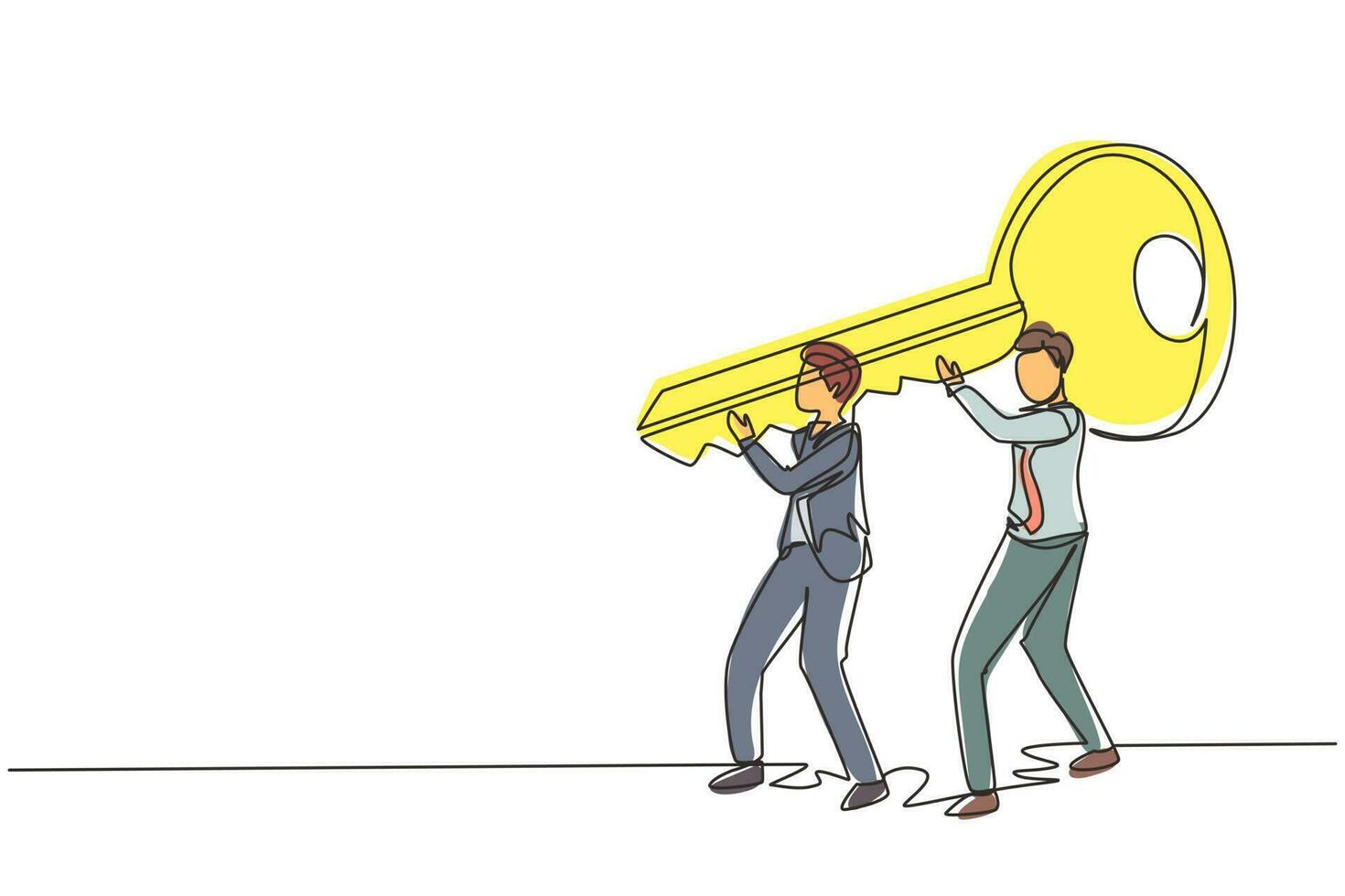 Single continuous line drawing Business solution. Teamwork achievement. Cooperation concept. Two men lifting big key. Effective work. Direction to success. One line draw design vector illustration