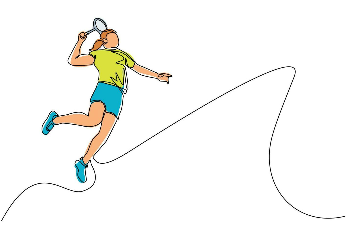 dibujo de una sola línea continua joven mujer ágil jugadora de bádminton salta y aplasta el volante. Evento de torneo de bádminton. ejercicio deportivo concepto saludable. ilustración de vector de diseño de dibujo de una línea