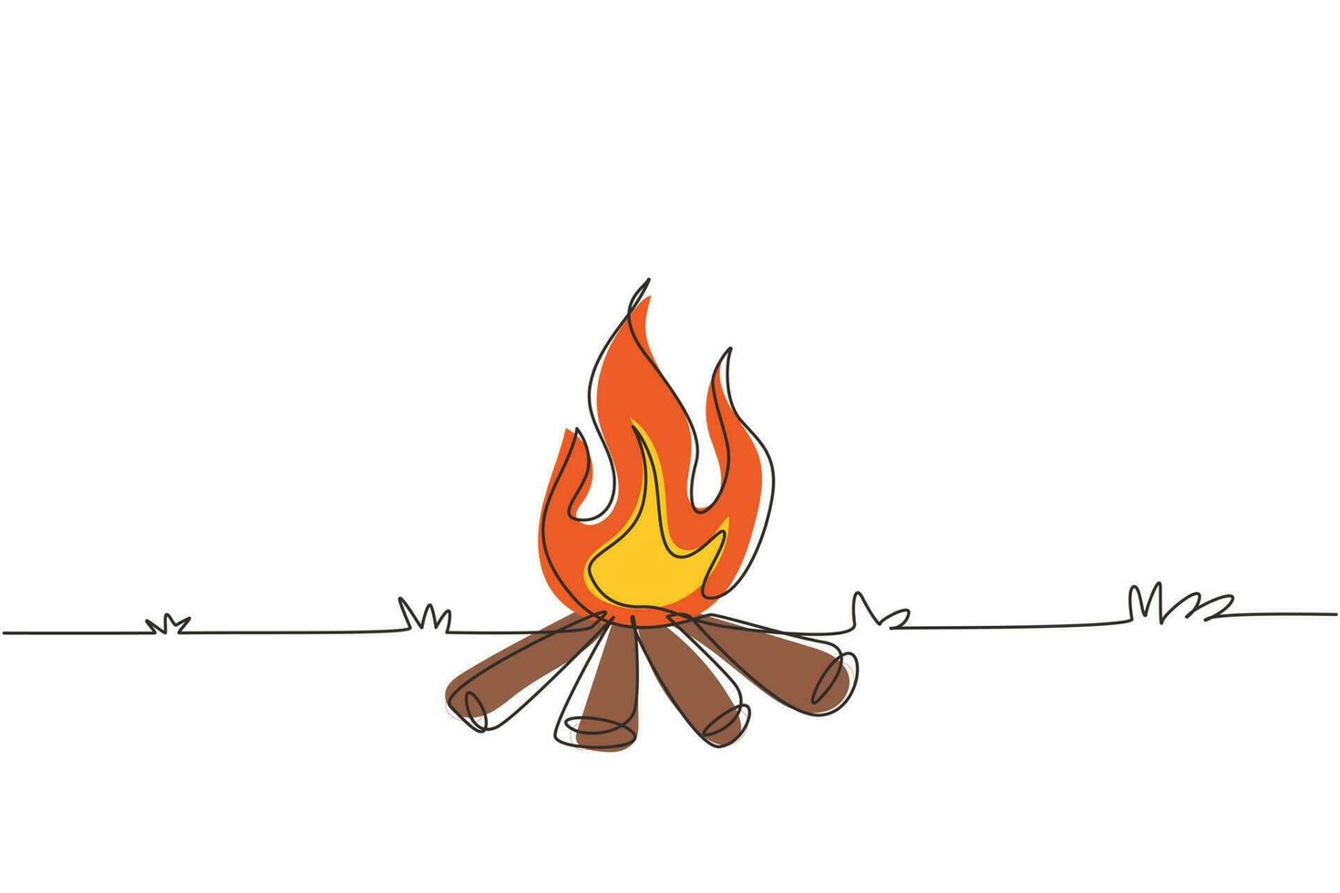 Single continuous line drawing bonfire for camping activities. Used to warm body in campsite at night, cooking food, water for hot tea. Equipment for hiking, travel, trip. One line draw design vector