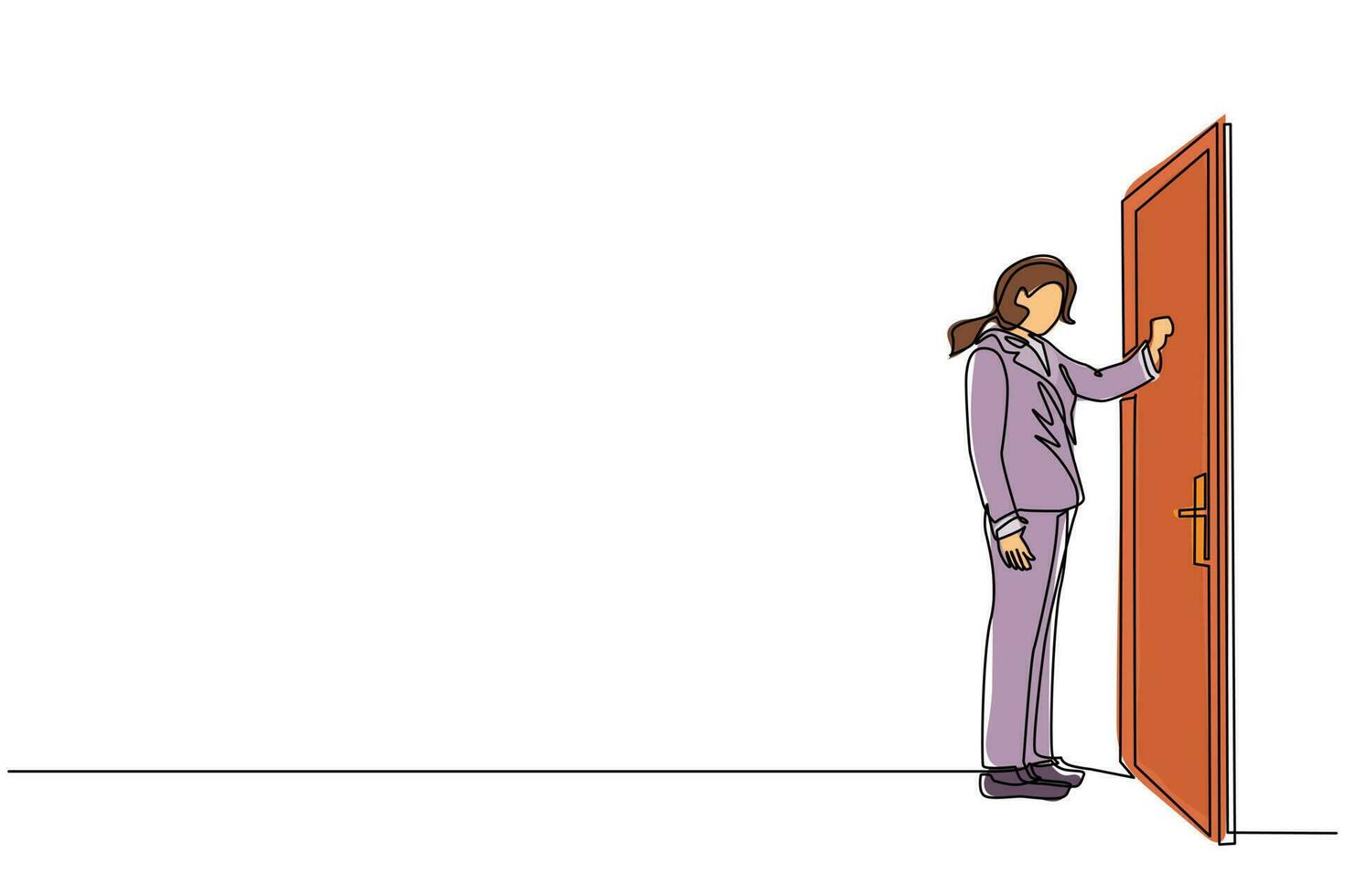 Single one line drawing businesswoman knocking at door. Woman standing at entrance of room knocking door. Female in business blazer is knocking at door. Continuous line draw design graphic vector