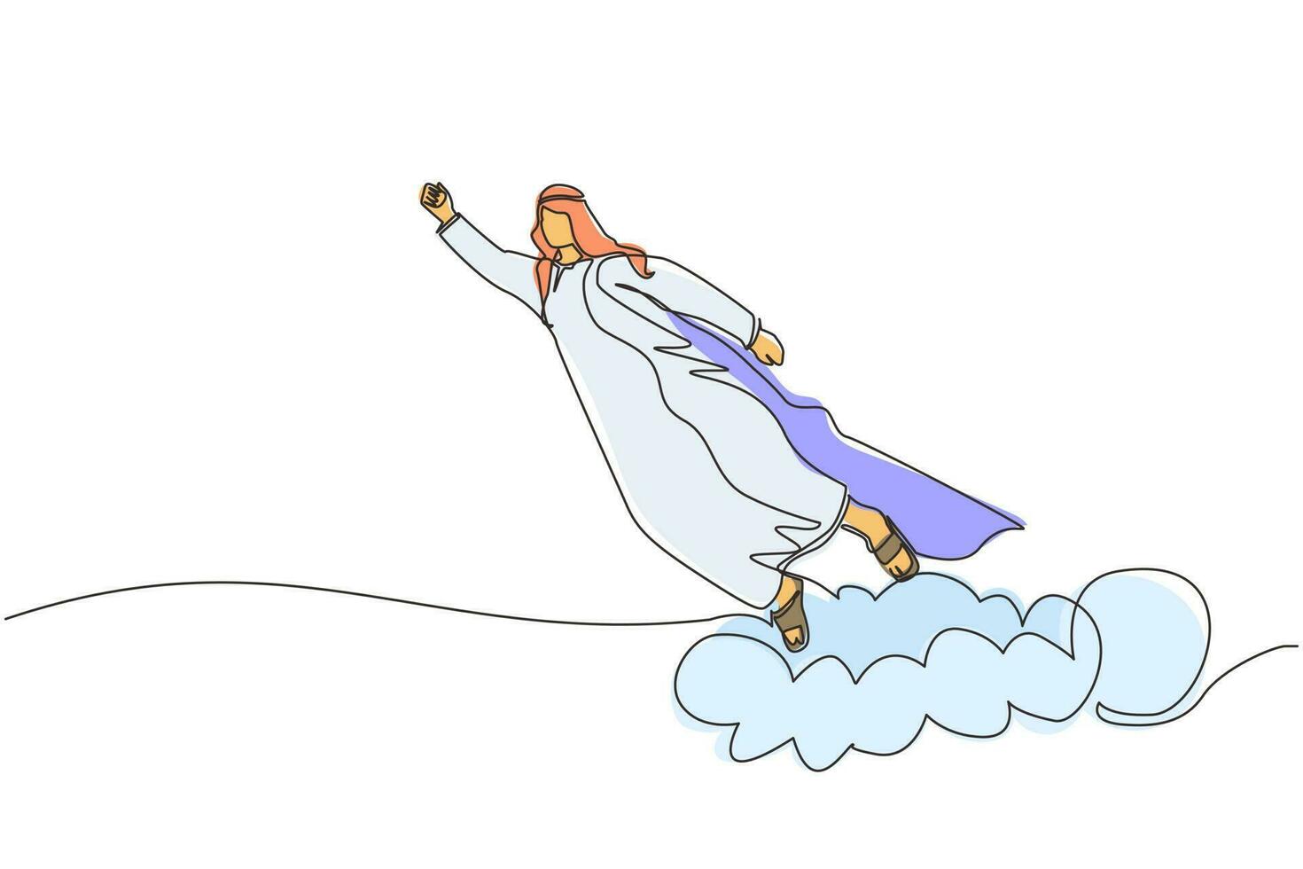 Single continuous line drawing Arab businessman superhero flies up and leaves cloud of dust. Super worker in cloak takes off. Power and uniqueness business concept. One line draw graphic design vector