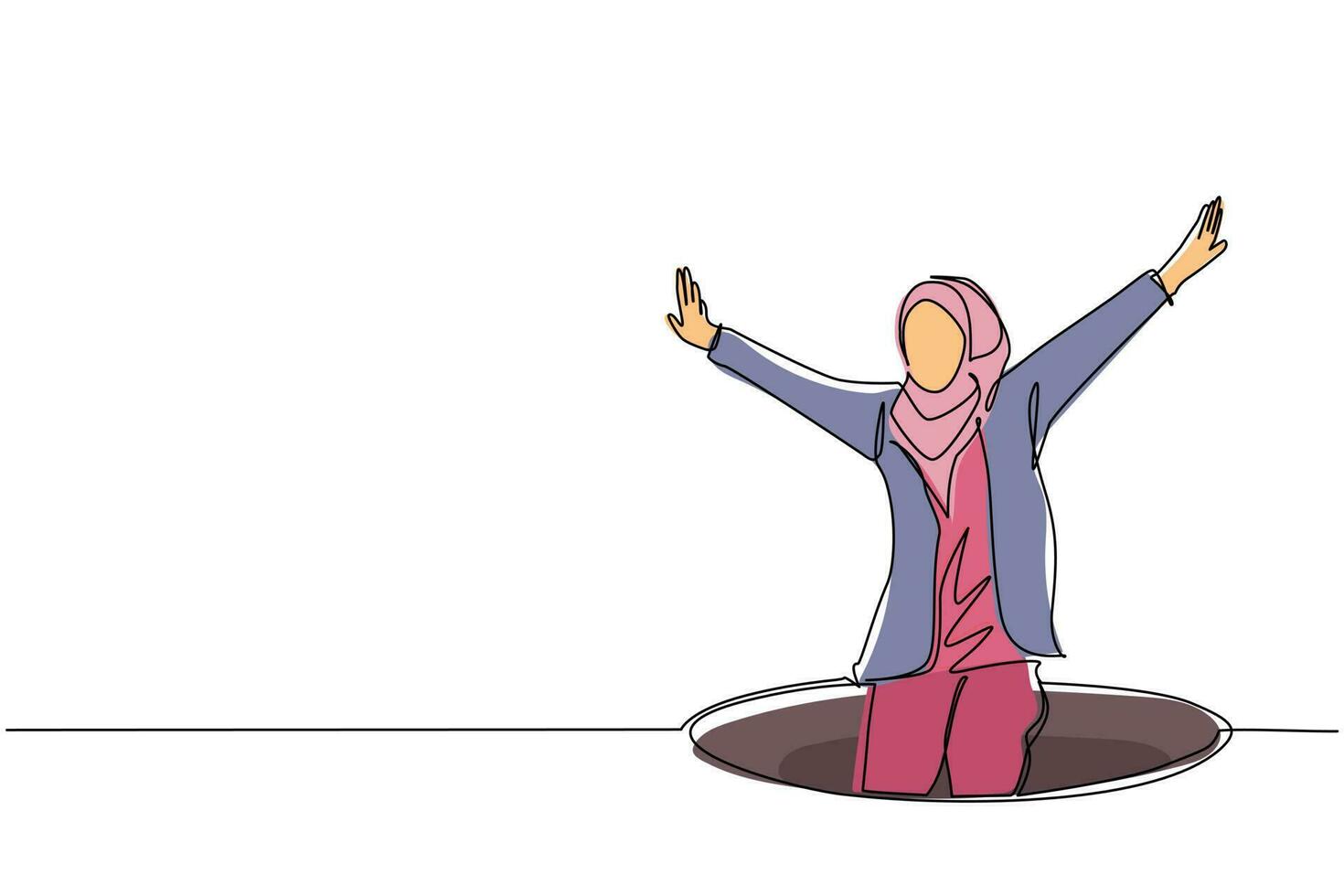 Single continuous line drawing Arabian businesswoman fell into manhole underground sewer. Woman fell sewer hatch. Depressed and business failure concept. Metaphor. Defeat. One line draw design vector